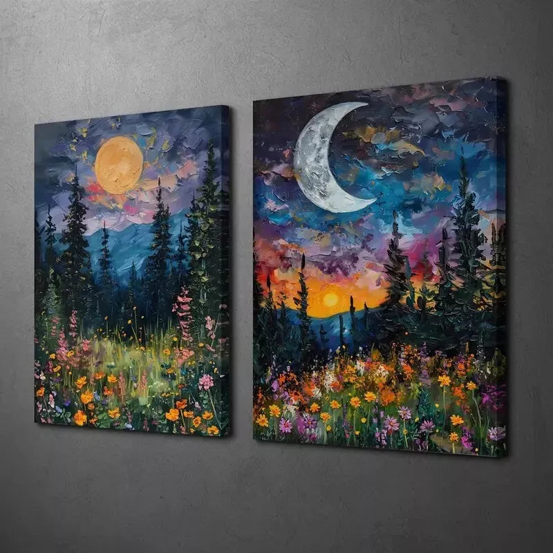 2PCS Sun and Moon Floral Oil Paintings Canvas Wall Art - 50x75cm Framed Prints, High Quality Australian Made, Ready to Hang - Perfect for Living Room, Bedroom, Office Decor