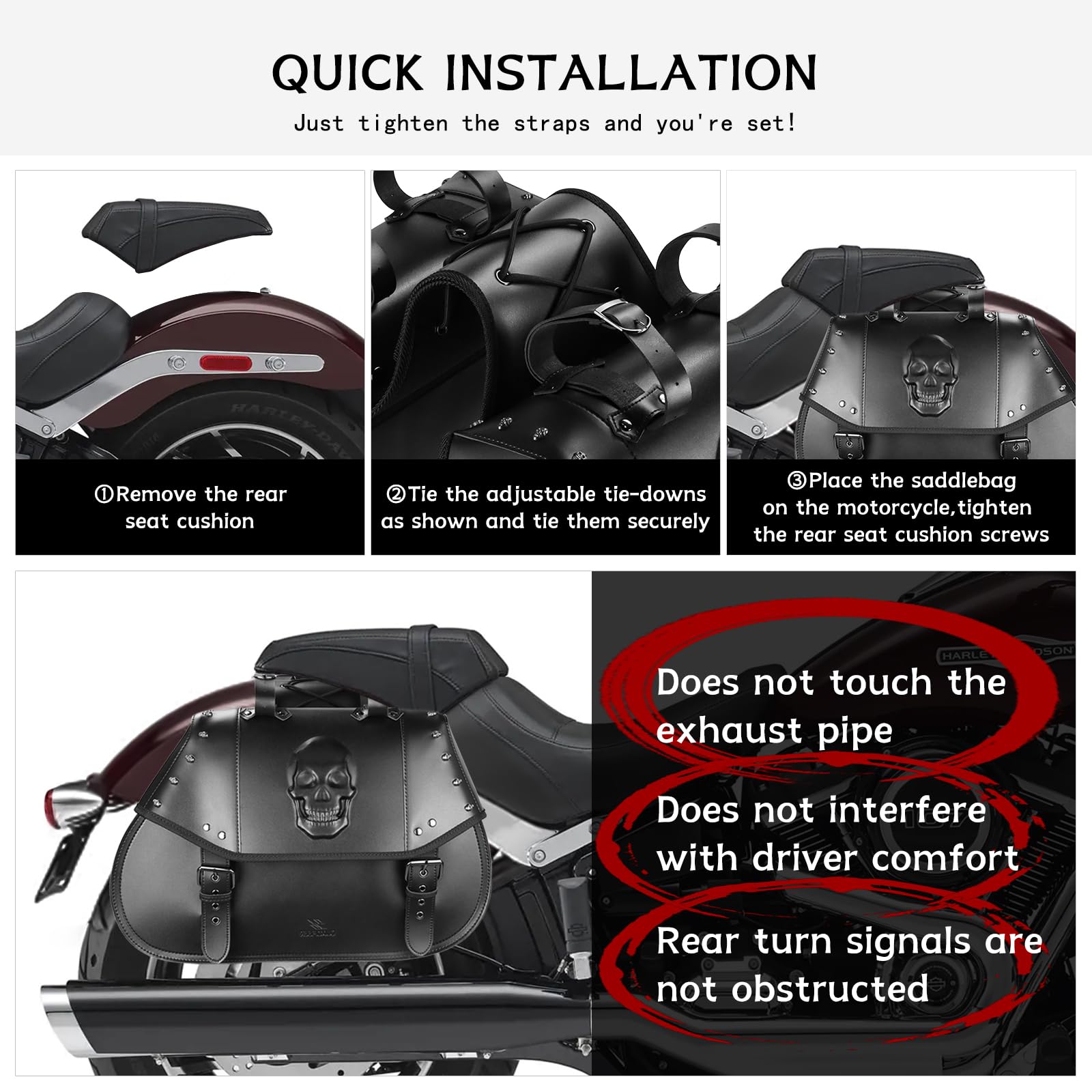 34L Large Capacity Waterproof Motorcycle Saddlebags - PU Leather Side Bags for Harley, Honda, Yamaha, Kawasaki (3D Skull Design, Black) | Perfect for Long Rides, Road Trips & Daily Commuting