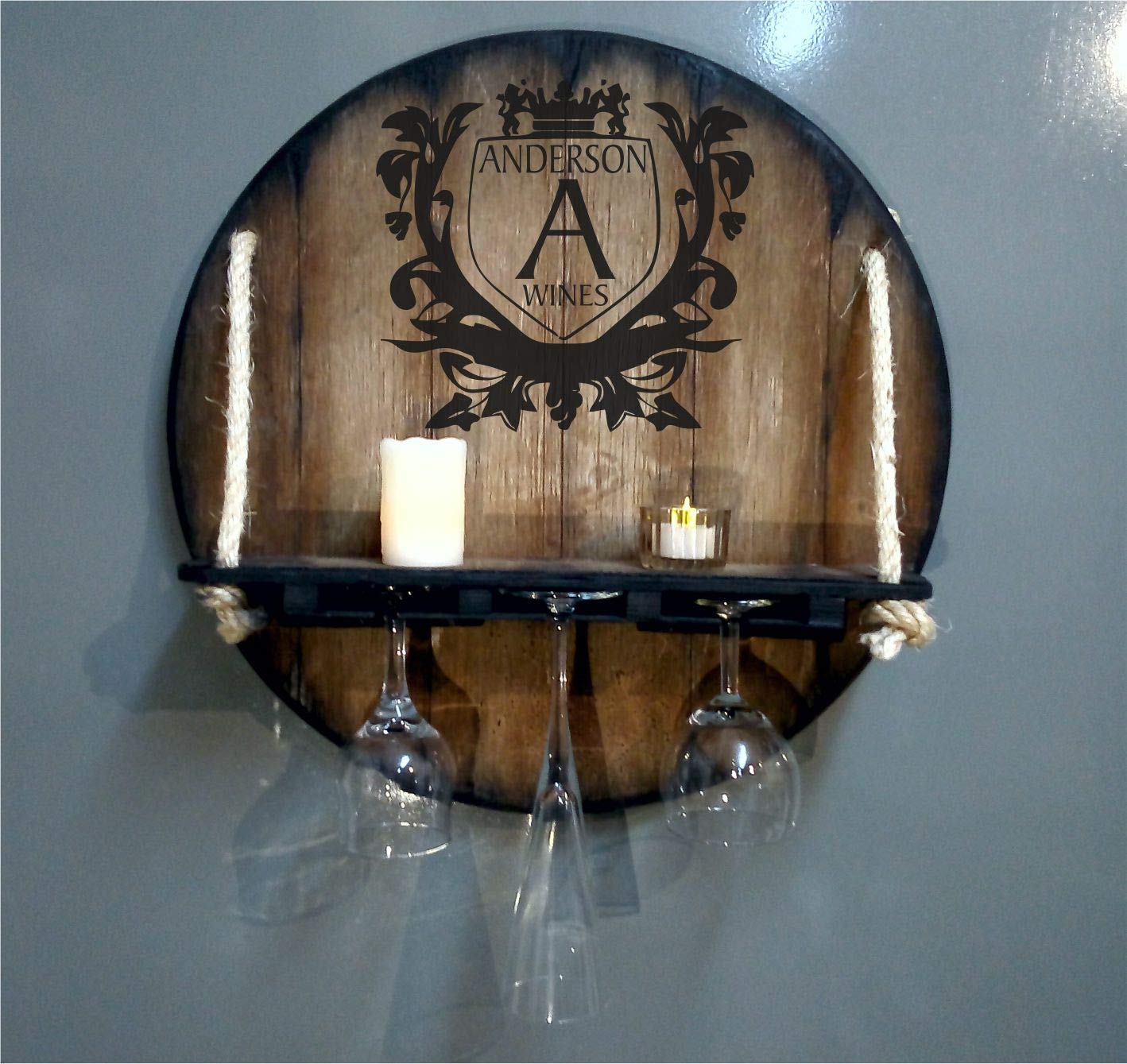 Wall Mounted Wine Rack - Rustic Wood Liquor Bottle Storage Shelf Inspired by Whiskey Barrels | Hanging Glass Holder for Kitchen, Dining Room, Bar & Cellar | Perfect Housewarming Gift & Home Decor for Wine Enthusiasts