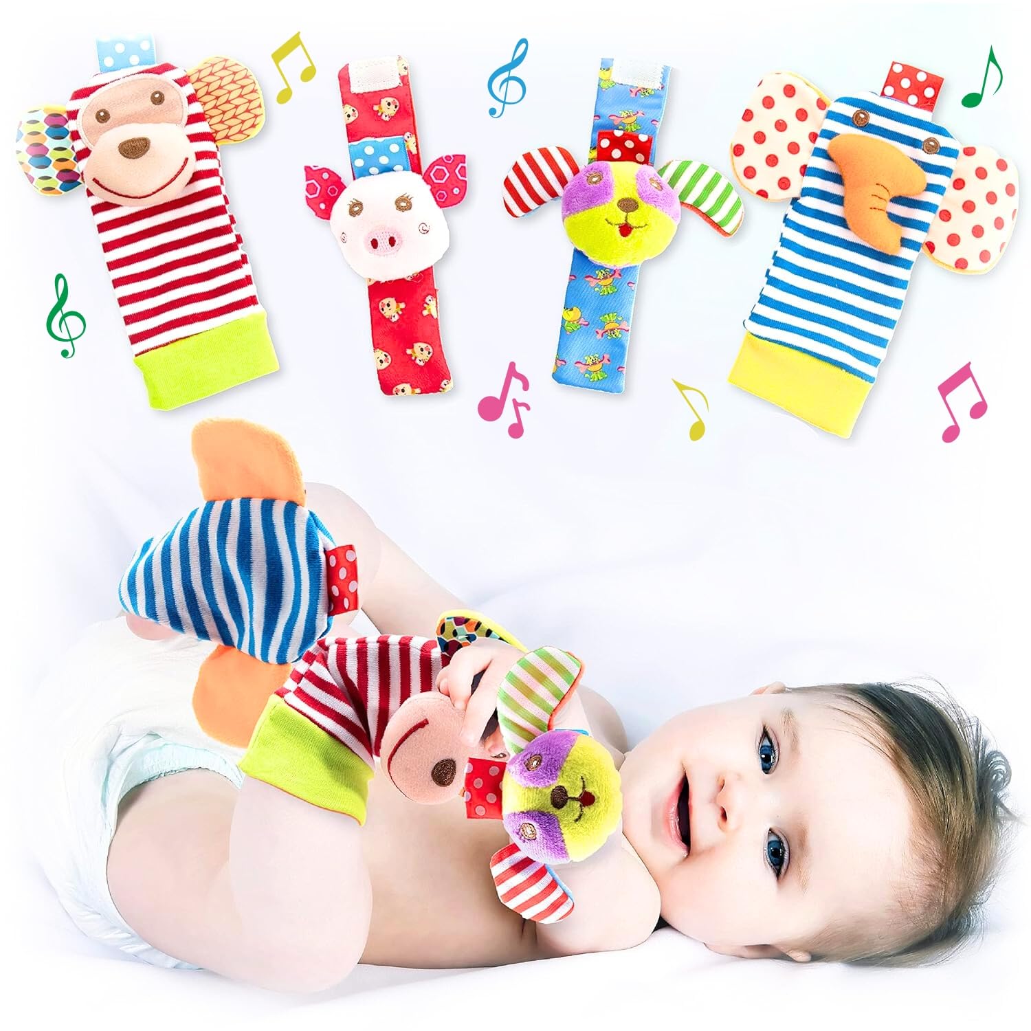 Baby Rattle Socks for Boys & Girls - Zoo Animal Foot & Wrist Rattles - Soft Infant Toys 6-12 Months - Perfect Newborn Baby Shower Gift - Easy Wear Sensory Toys for Crawling & Tummy Time Play