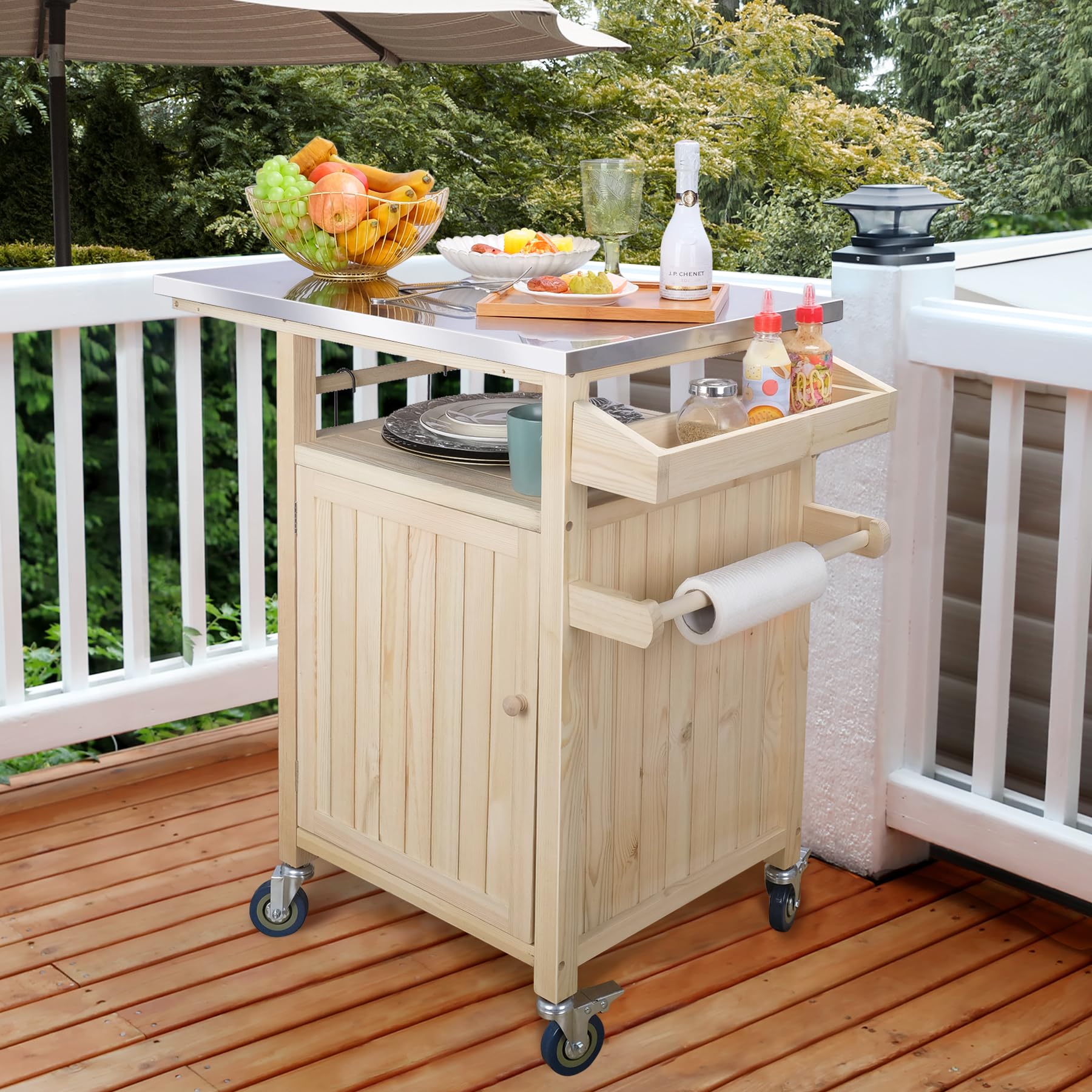 Portable Outdoor Grill Table with Storage Cabinet - Solid Wood BBQ Cart with Wheels & Stainless Steel Top | Perfect for Backyard, Patio, Camping and Tailgating Parties