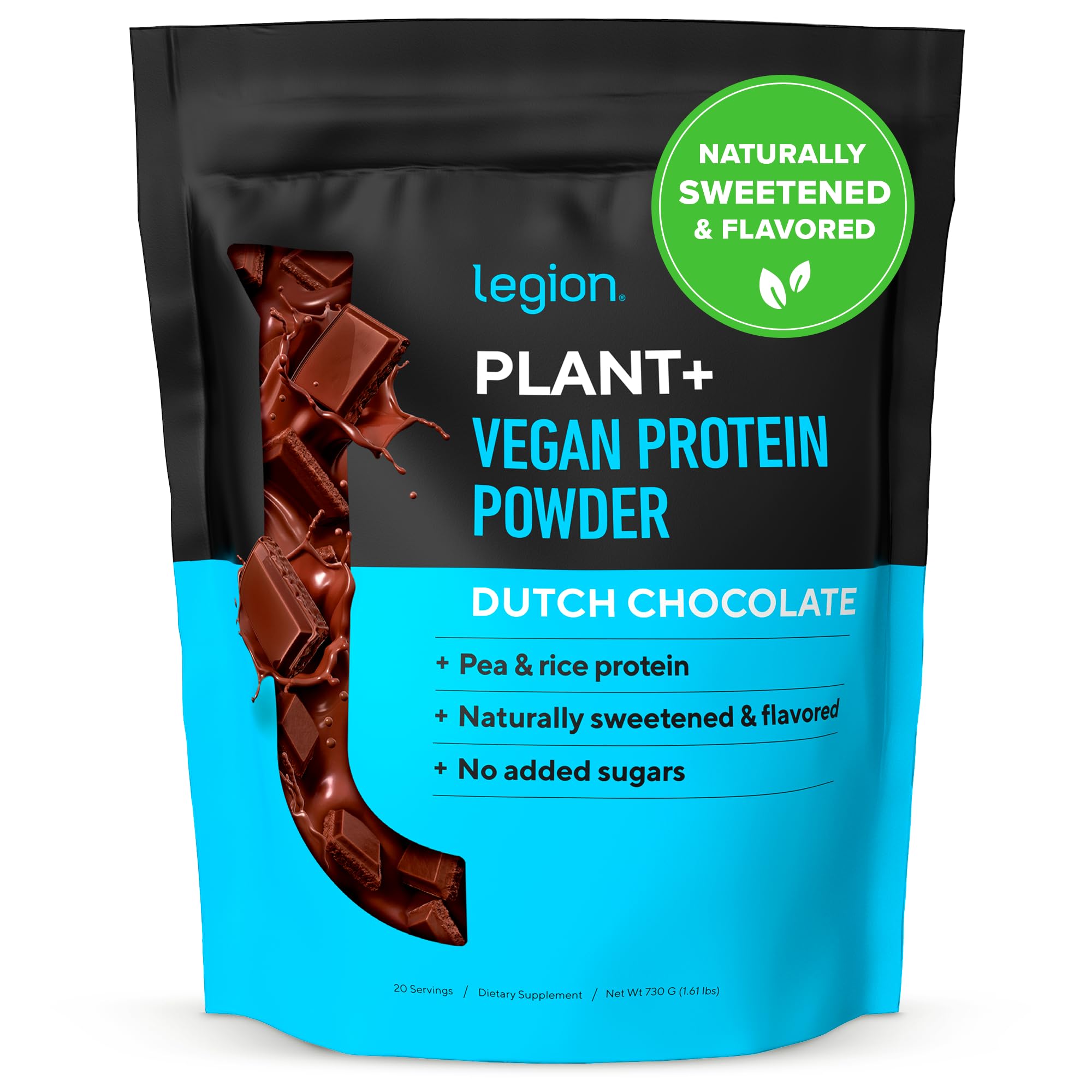 LEGION Plant+ Vegan Protein Powder - Chocolate Flavor | Rice & Pea Plant-Based Protein Blend | Gluten Free, Non-GMO, Naturally Sweetened | 20 Servings | Perfect for Post-Workout Recovery & Healthy Smoothies