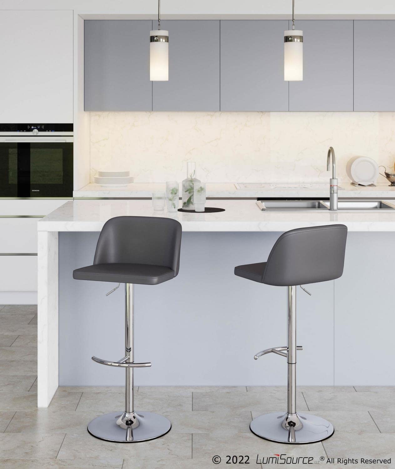 LumiSource Toriano Adjustable Swivel Bar Stool Set of 2 - Chrome Metal Frame with Grey Faux Leather Seat - Modern Kitchen Island & Home Bar Stools for Dining & Entertainment Areas