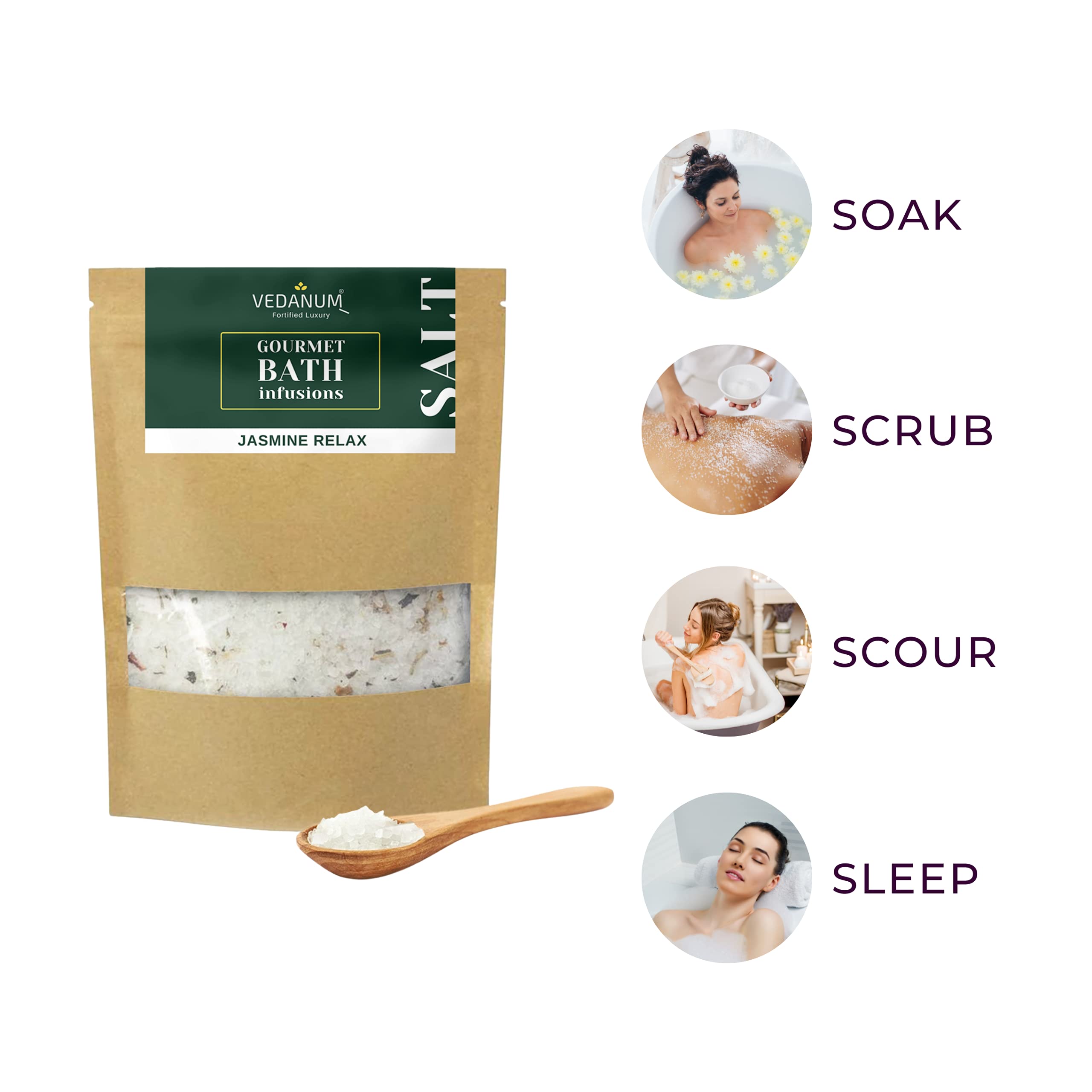 Vedanum Aromatherapy Bath Salt with Epsom Salt & Himalayan Pink Salt - Jasmine Scented for Muscle Relief, Acne Treatment & Relaxation | Spa, Foot Soak, Stress Relief & Sleep Aid