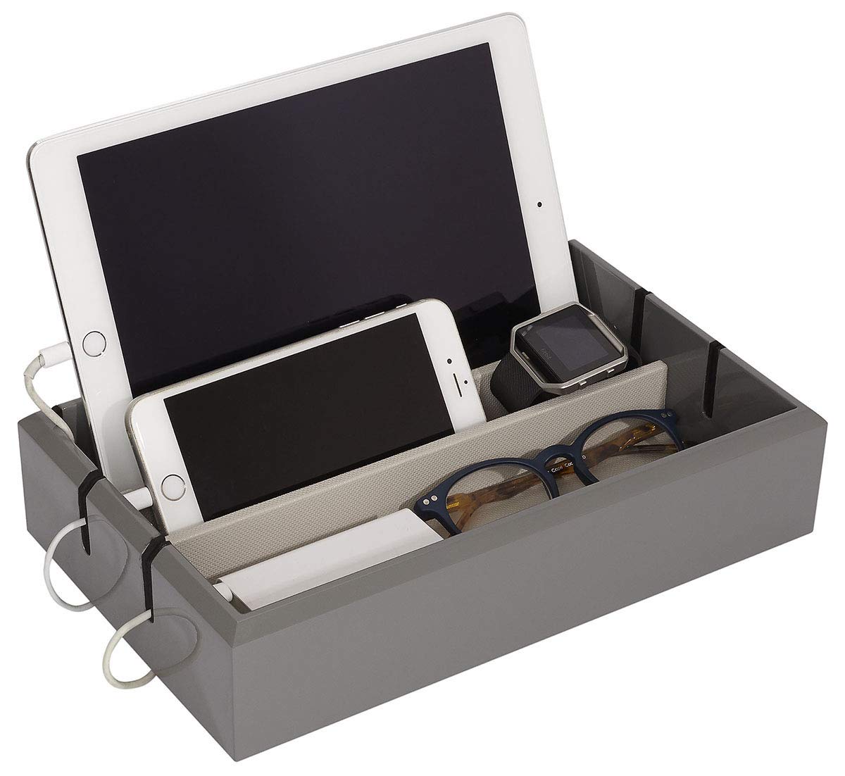 Premium Wooden Tech Tray Organizer - Multi-Device Charging Station for iPhone, iPad, Smartwatch & Tablet | Elegant Royal Grey Lacquered Finish | Perfect for Home Office, Nightstand & Travel Organization