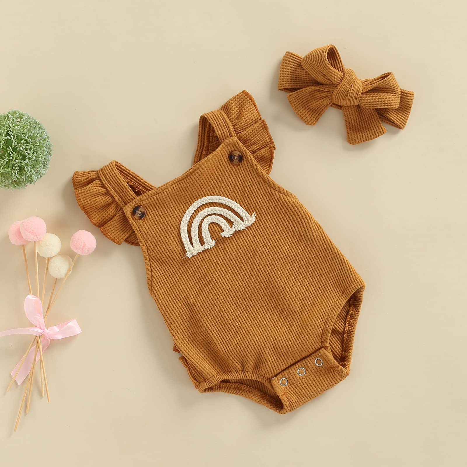 Newborn Baby Boy & Girl Clothes - Rainbow Romper Waffle Bodysuit with Ruffled Sleeveless Design | Soft Infant Jumpsuit Outfit for Photoshoots, Playtime & Special Occasions