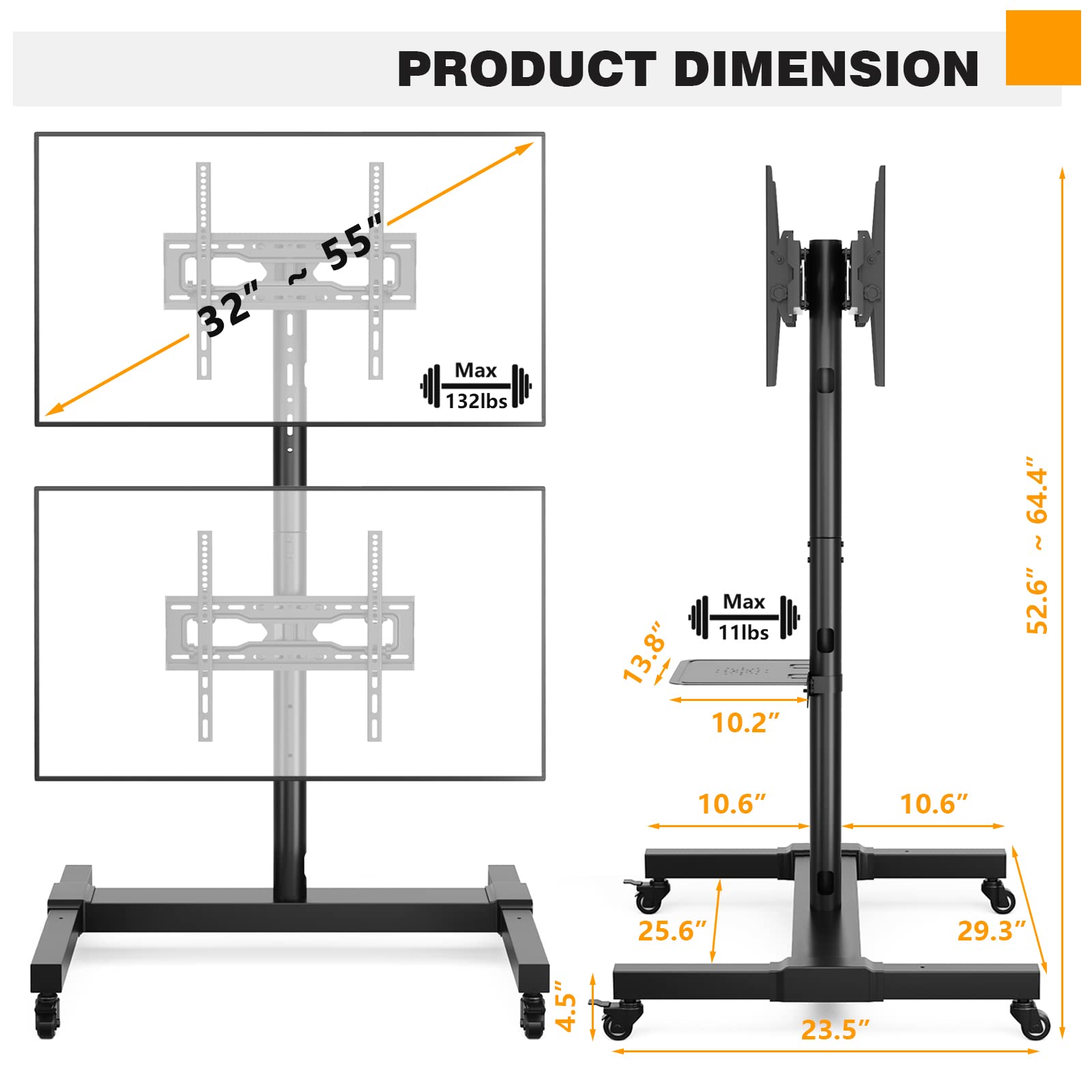 5Rcom Mobile TV Cart with Wheels for 32-55 Inch LCD LED 4K Flat/Curved TVs - Adjustable Height & Tilt Rolling TV Stand with Laptop Shelf, Holds 132 lbs - Perfect for Home Theater, Office Conference Rooms & Gaming Setups