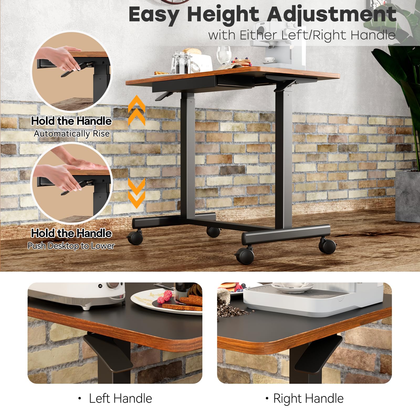 JOY Worker 35In Small Mobile Standing Desk with Drawer - Pneumatic Height Adjustable (Up to 33lbs Capacity) - Dual Handles & Columns - Black - Perfect for Home Office, Small Spaces & Remote Work
