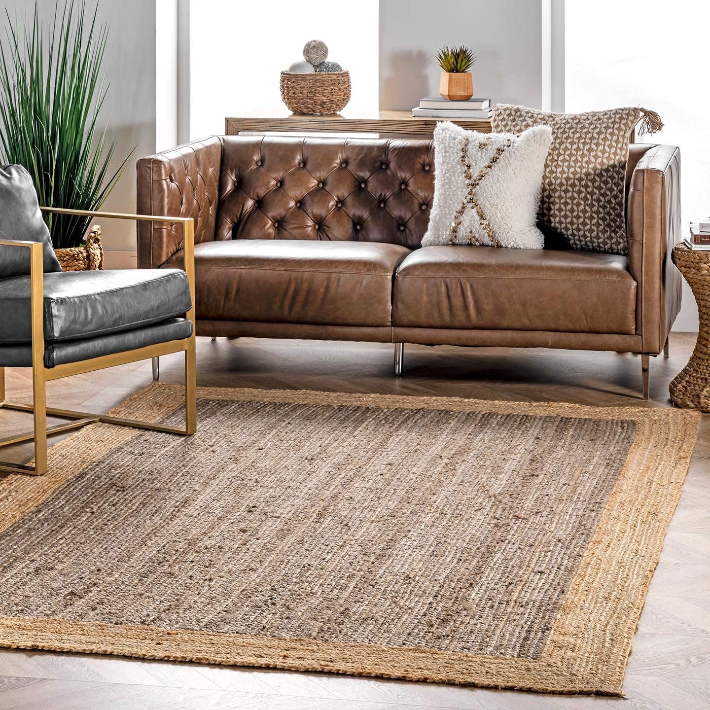 Hand Braided Dark Grey Jute Border Rectangle Area Rug - 8x11 Feet - Indoor/Outdoor Living Room Carpet - Perfect for Home Decor, Patio & High Traffic Areas