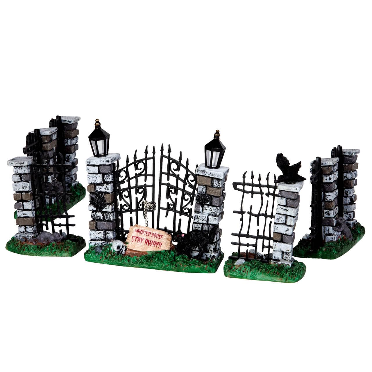 Lemax Spooky Town Halloween Iron Gate and Fence Set - 5 Piece Haunted House Decor for Yard, Porch, and Indoor Halloween Displays #34606