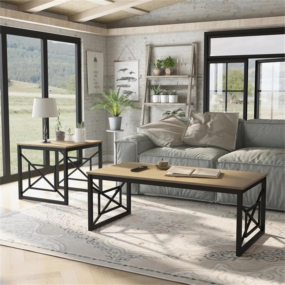 Olive Metal Coffee Table Set - 2-Piece Oak & Black for Living Room