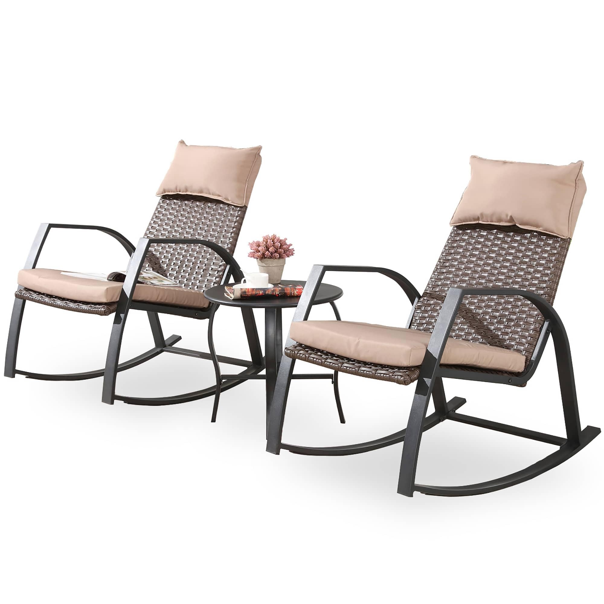 PatioFestival 3-Piece Outdoor Bistro Set with Cushioned Metal Rocking Chairs & Side Table - All-Weather Khaki Patio Furniture for Garden, Deck, or Backyard Relaxation