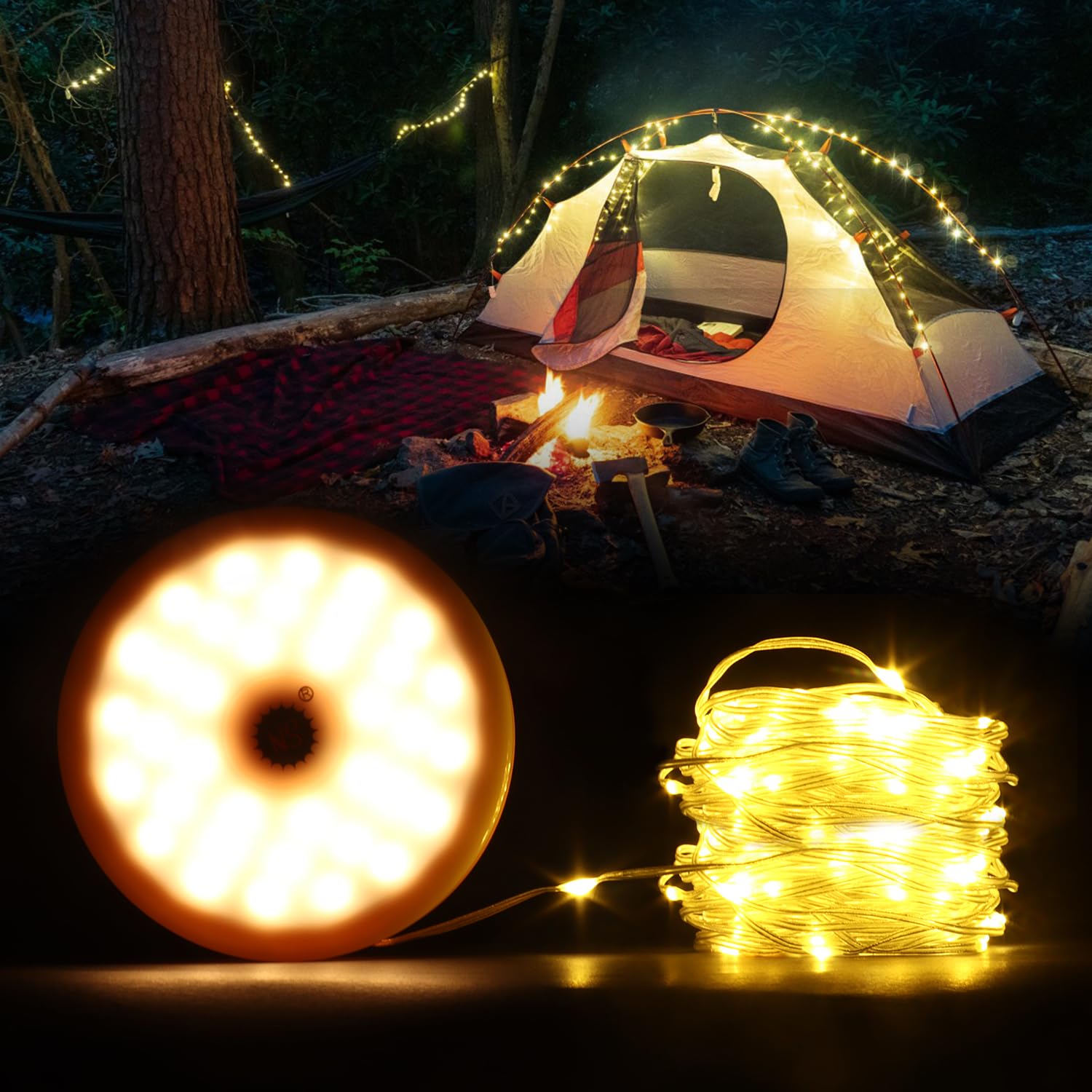 Waterproof Rechargeable Camping String Lights - 32.8Ft Outdoor USB LED Fairy Lights for Camping, Yard, Hiking, Patio & Backyard Decor (20s Quick Recovery, Durable Weatherproof Design) - Perfect for Outdoor Parties, Weddings and Nighttime Adventures