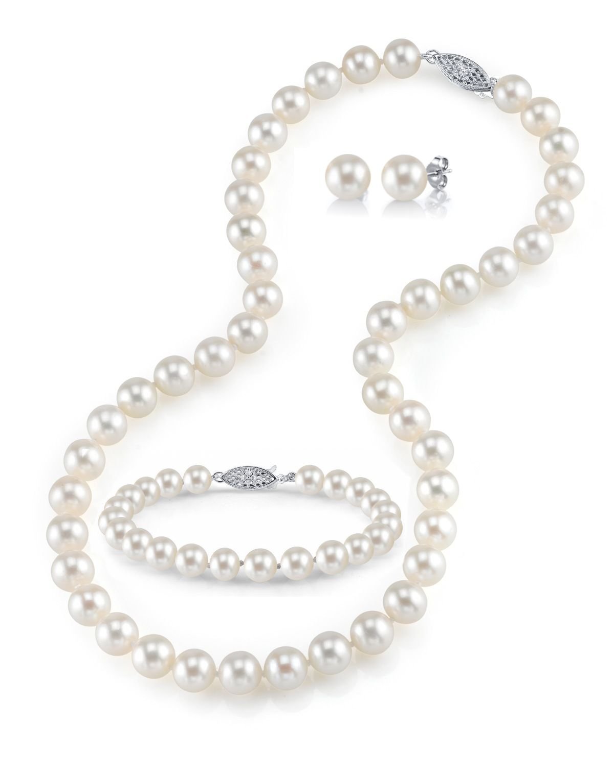 14K Gold 8-9mm Freshwater Pearl Jewelry Set for Women - Necklace, Bracelet & Earrings - Perfect for Weddings & Parties