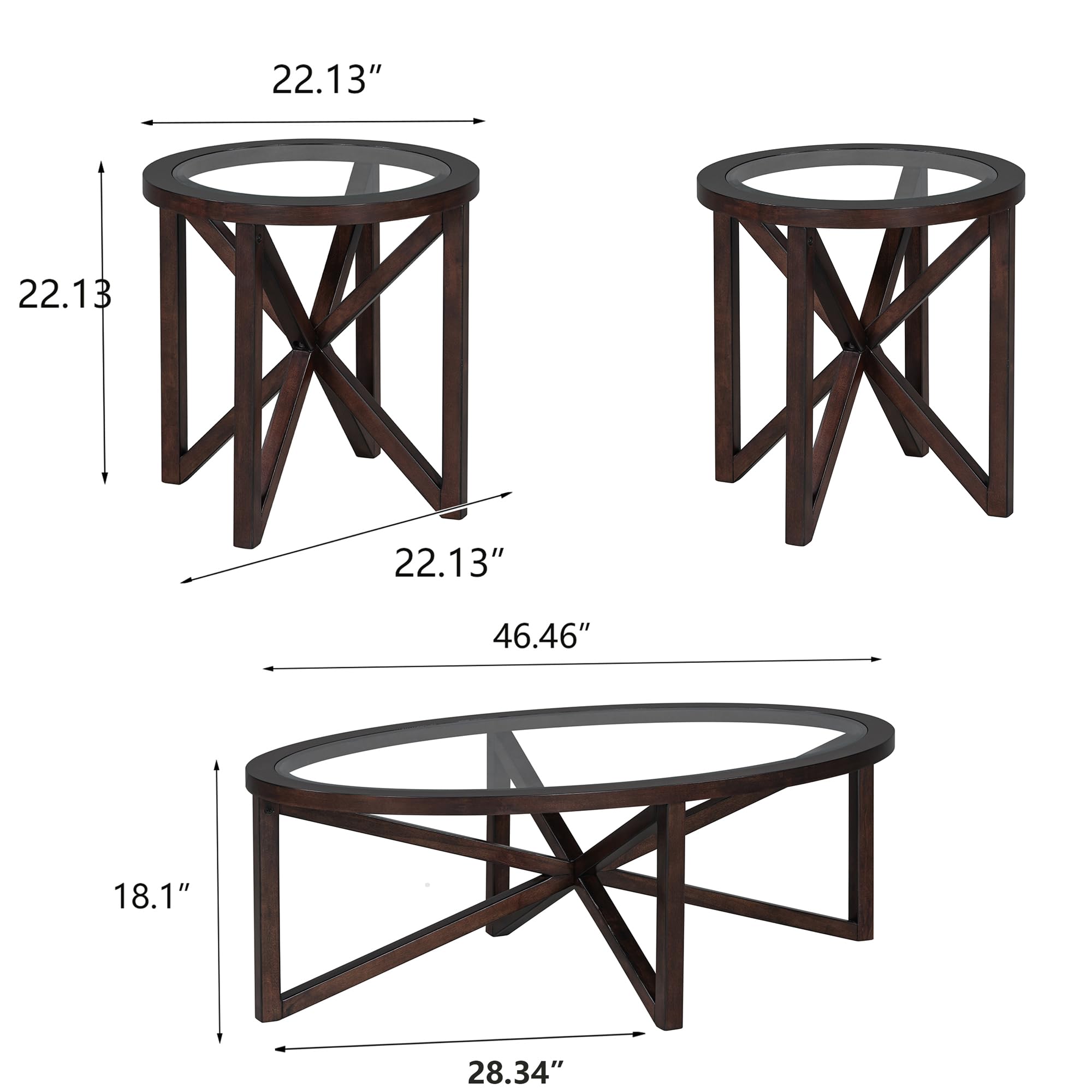 Modern Oval Wooden Coffee Table Set with Tempered Glass Top - 3-Piece Living Room Side Table Set in Cherry Brown - Perfect for Small Spaces, Apartments & Cozy Home Decor