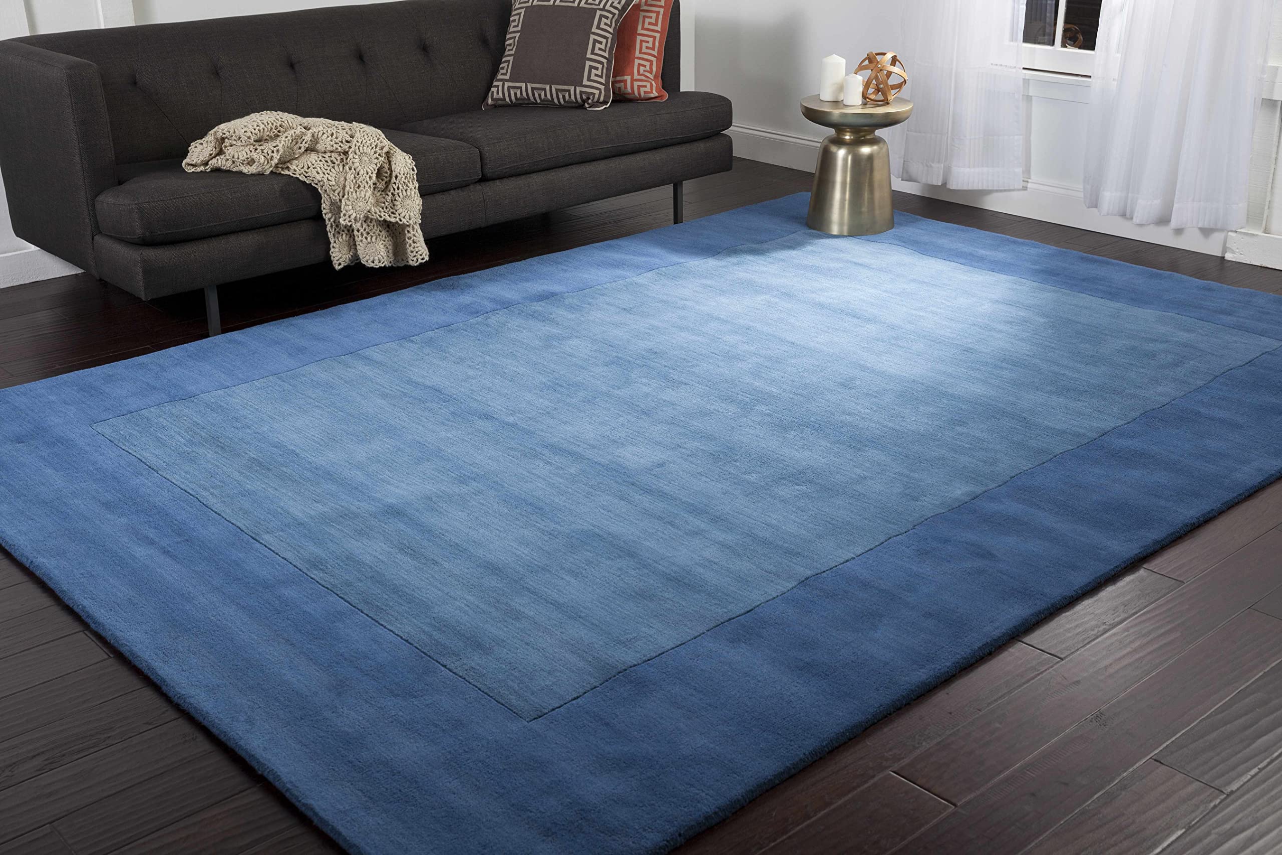 Premium Hauteloom Macedon Wool Area Rug for Living Room & Bedroom - Solid Blue with Border - 6' x 9' - Soft & Durable - Perfect for Cozy Home Decor, Family Gatherings and Relaxing Spaces