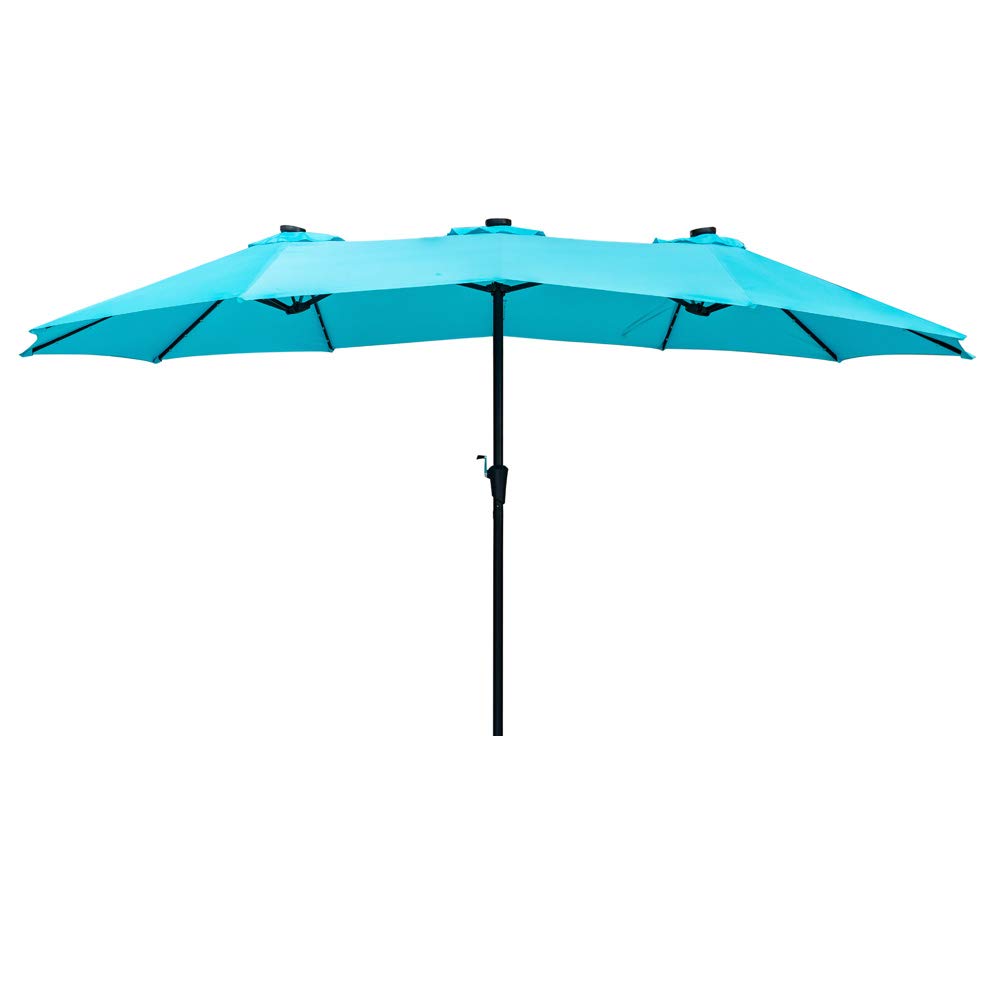 Diophros 15 Ft Solar Powered Double-Sided Outdoor Patio Umbrella with 48 LED Lights - Large Rectangular Aluminum Market Umbrella with Crank Handle (Lake Blue) for Backyard, Poolside, and Restaurant Outdoor Dining