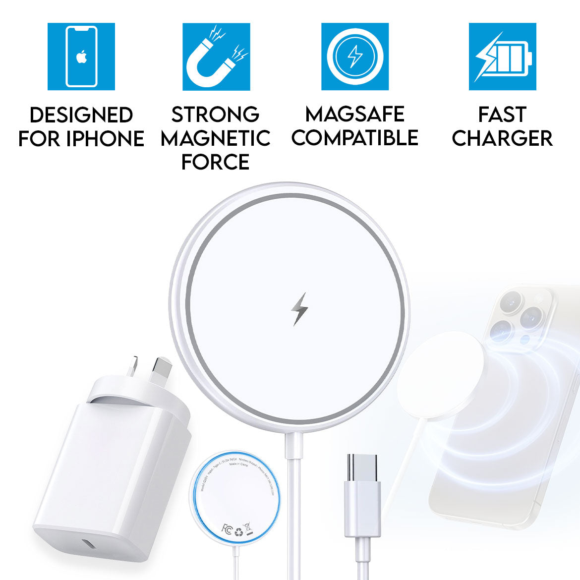 15W Magnetic Wireless Charging Pad for iPhone 12/13/14/15 & Airpods - Fast Qi-Certified Charger with Power Adapter - White - Perfect for Home, Office & Car Use