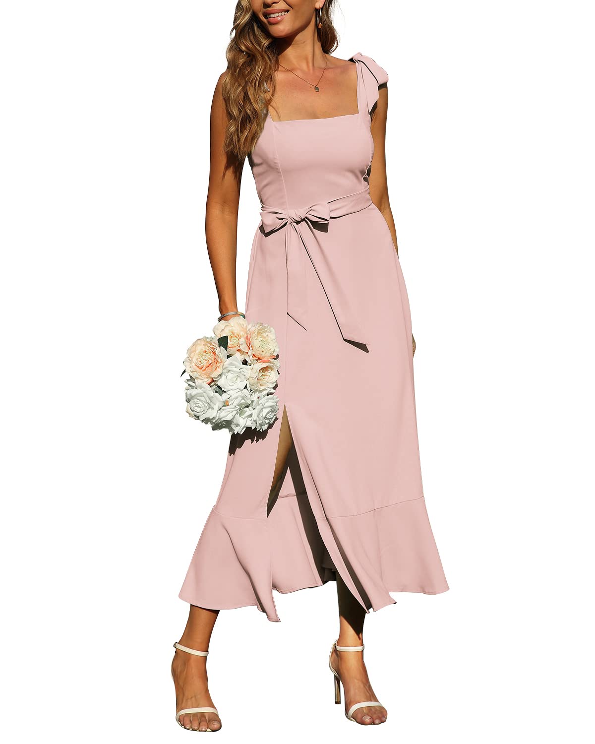 Elegant Women's Midi Dress for Wedding Guest - Square Neck Ruffle Split Formal Bridesmaid Dress for Cocktail Party, Evening Gown, Special Occasions & Date Nights