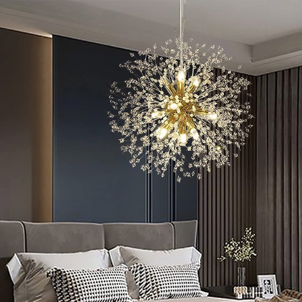Modern Gold Crystal Chandelier - 9-Light Sputnik Dandelion Pendant Lighting Fixture for Dining Room, Living Room, Bedroom, Kitchen & Restaurant | Elegant Ceiling Light for Home Decor, Wedding Venues and Luxury Spaces