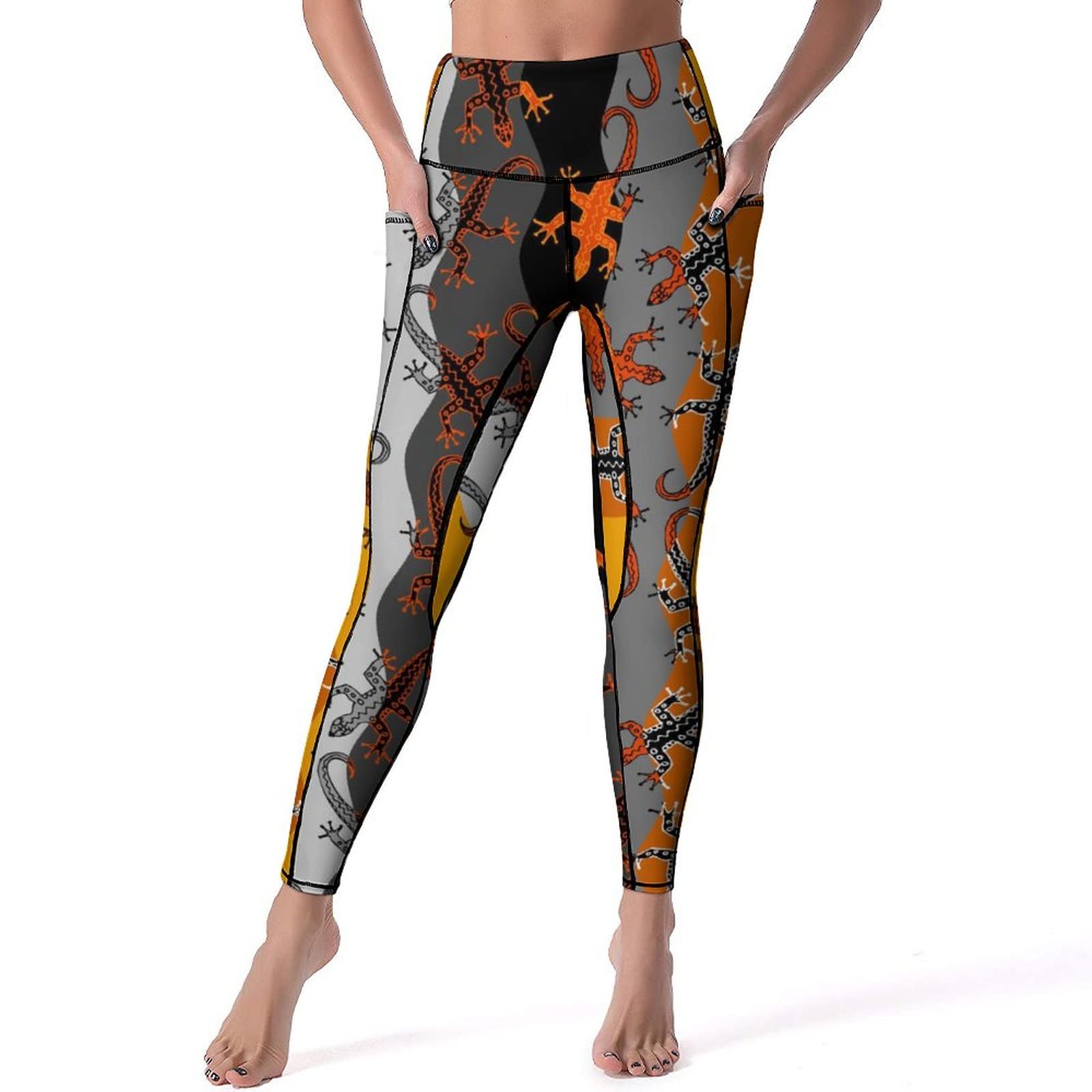 Brown Tribal Lizards Women's Yoga Pants - High Waist Compression Workout Leggings with Pockets for Gym, Running & Lounge Wear