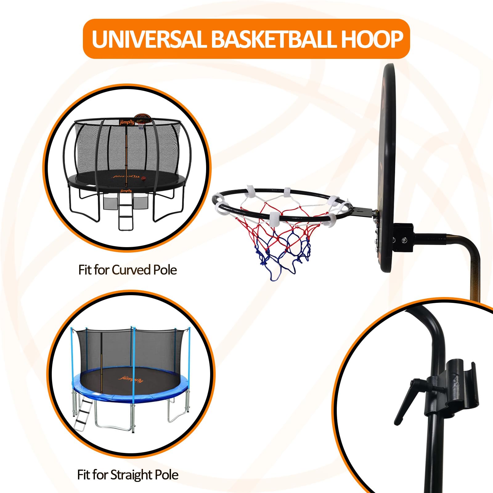 Jumpfly Trampoline Basketball Hoop Set - Universal Easy Install Basketball Hoop Attachment for Straight & Curved Trampoline Poles - Includes Mini Balls & Air Pump - Perfect for Backyard Fun, Kids Outdoor Games & Trampoline Exercise Accessories