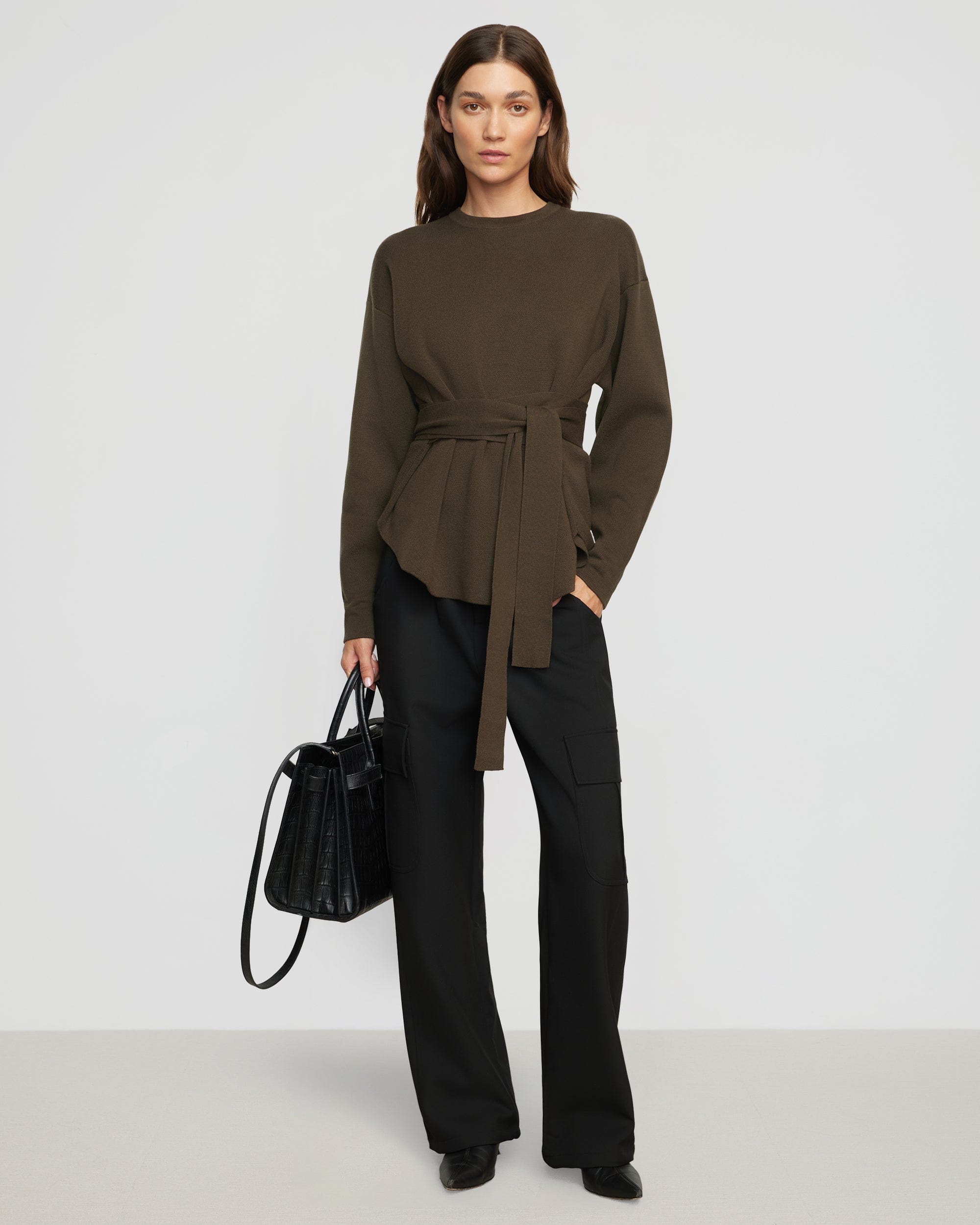 Nara Tie Front Knit Sweater Women's Casual Long Sleeve Pullover for Fall Winter Outfits - Perfect for Office, Dating & Coffee Dates