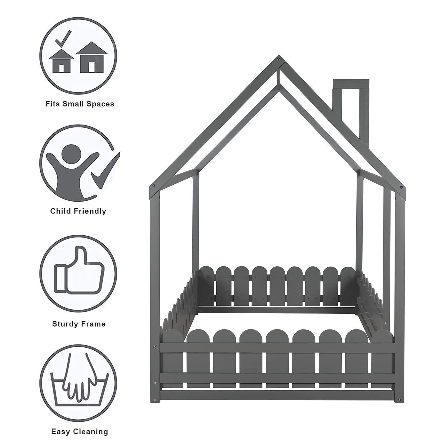 Harper & Bright Designs Full Size House Bed for Kids & Teens - Pine Wood Roof, Fence-Shaped Guardrails, Cabin & Floor Bed Frame - Grey (Perfect for Bedrooms, Playrooms & Montessori Spaces)