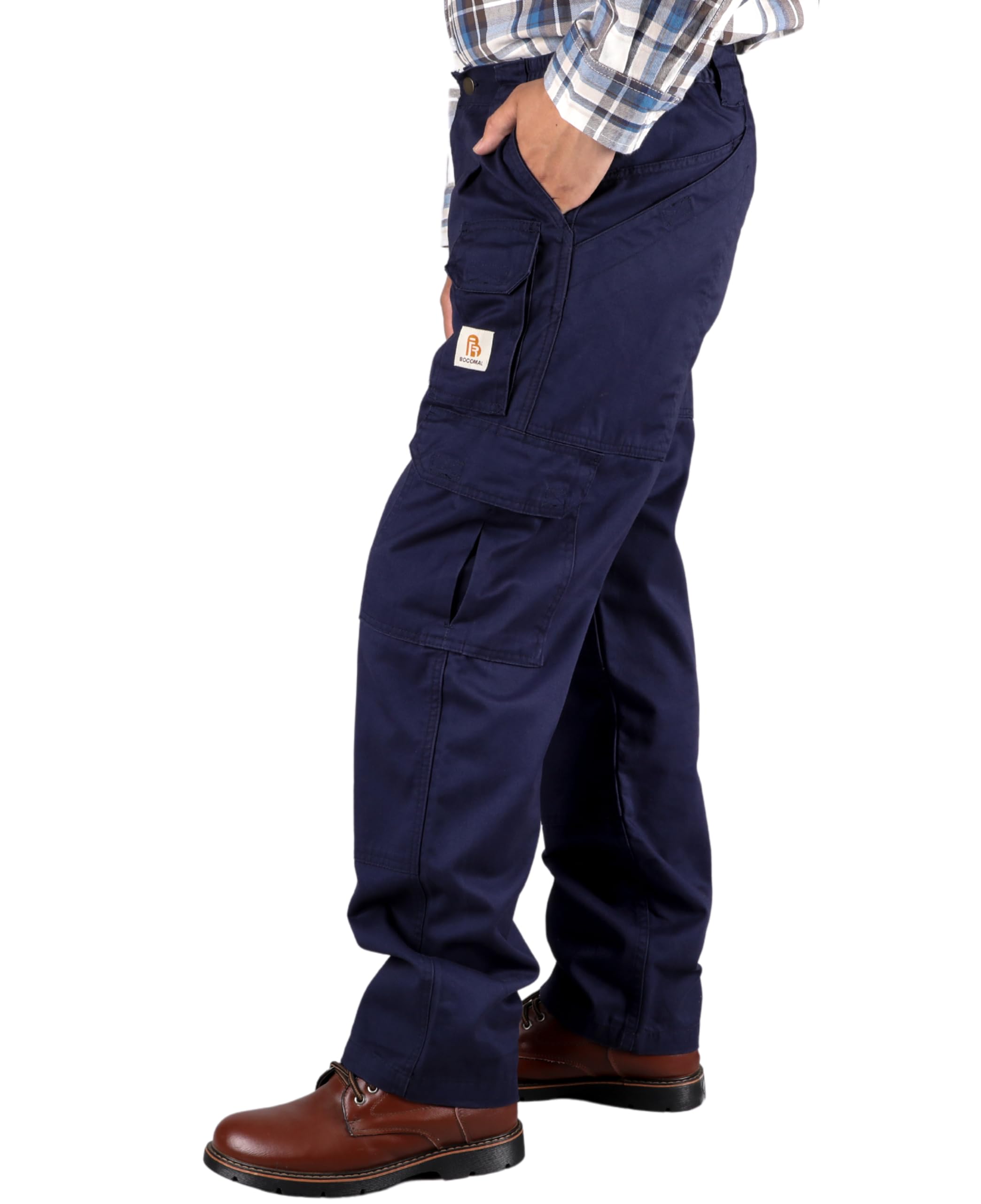 BOCOMAL Men's Flame Resistant Cargo Work Pants with Double Front & 10 Multi-Pockets - Elastic Waist Comfort for Construction, Welding & Outdoor Jobs | Durable Workwear for Professionals