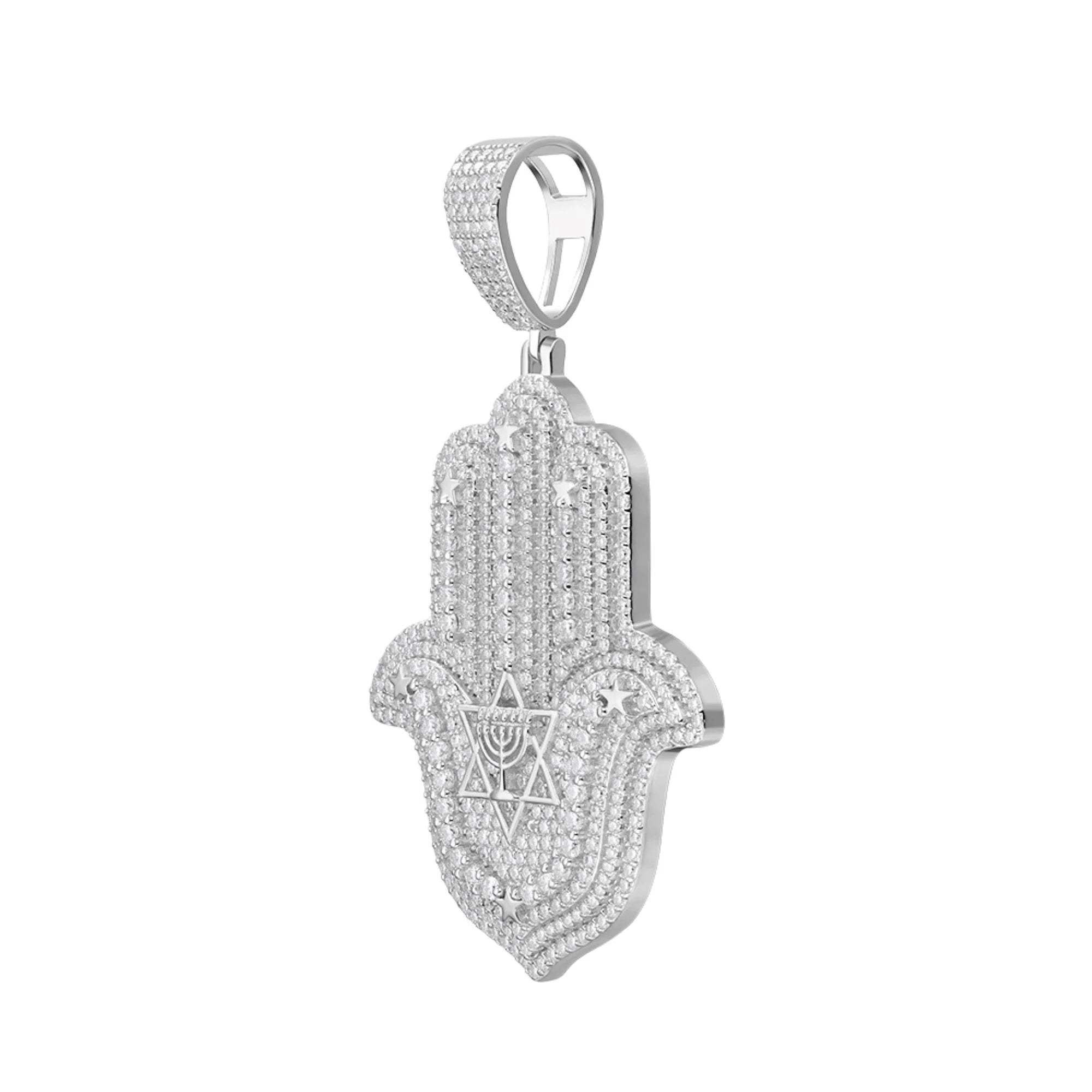 Stunning Sterling Silver Round Moissanite Hamza Hand Religious Pendant Necklace - 4 5/8 Cttw - Perfect for Spiritual Protection & Elegant Everyday Wear