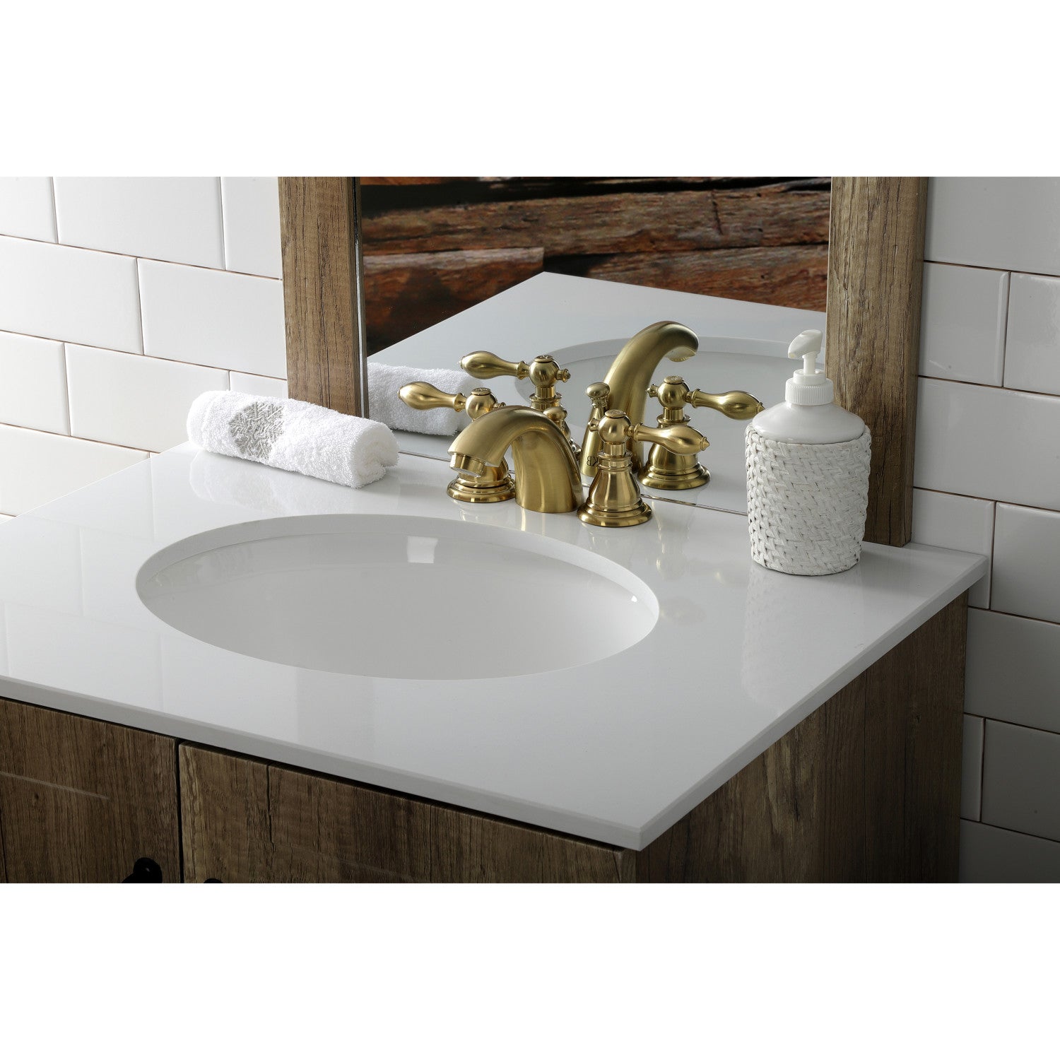 American Classic KB957ACLSB Brushed Brass Two-Handle 3-Hole Deck Mount Mini Widespread Bathroom Faucet with Pop-Up Drain - Perfect for Small Bathrooms & Powder Rooms