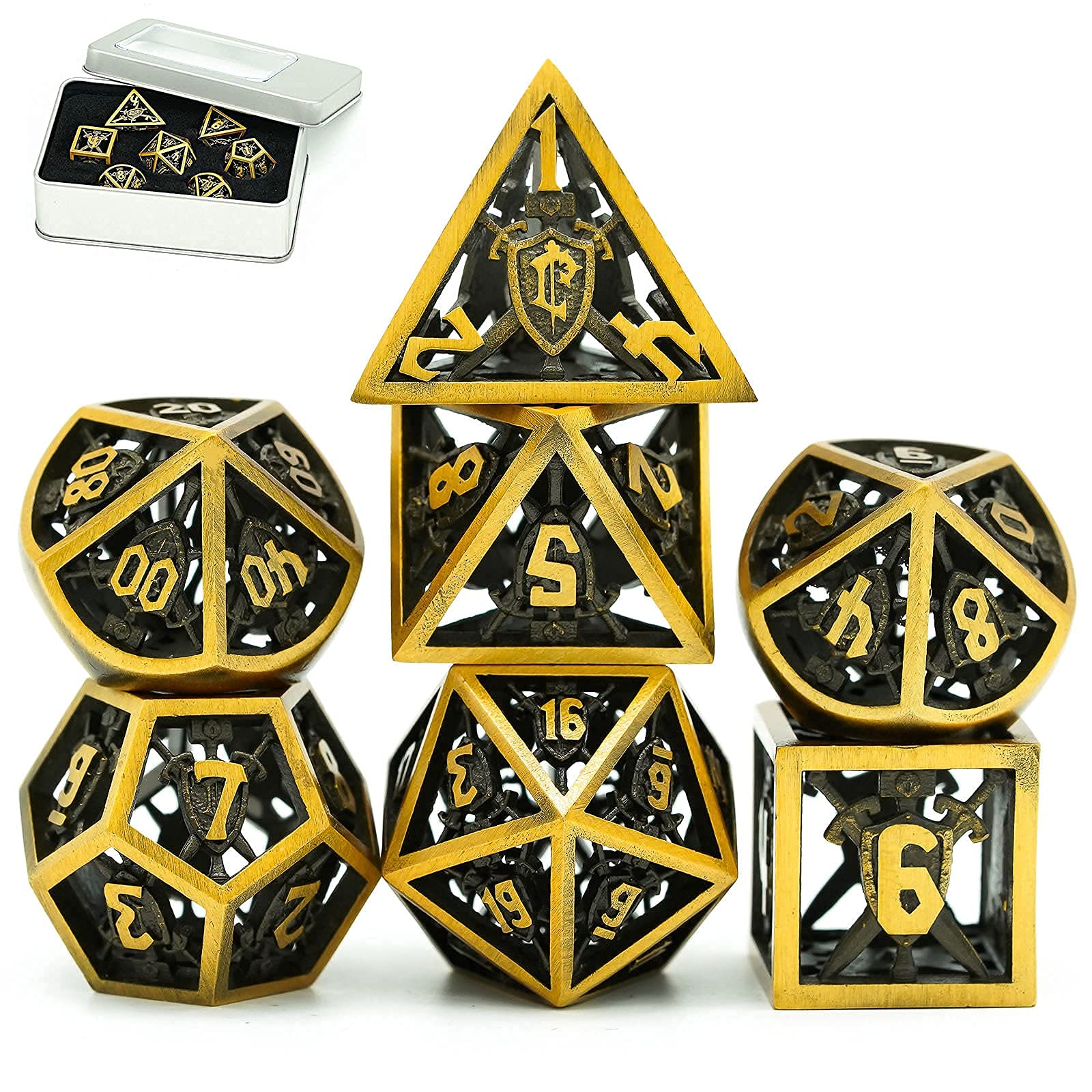 Premium UDIXI Hollow Shield Metal DND Dice Set - 7-Piece Polyhedral RPG Dice for Dungeons & Dragons, MTG, Pathfinder Tabletop Games (Ancient Gold) - Perfect for Campaigns, Gift Giving & Collector Displays
