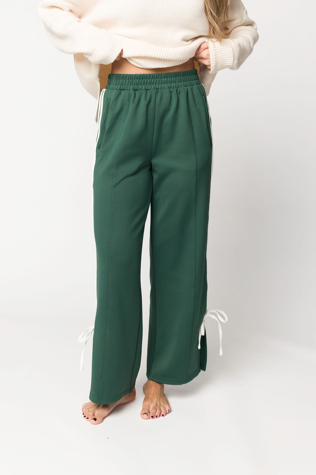 Stylish Murphy Track Pants with Bow Detail - Green & White Striped Athletic Joggers for Women | Perfect for Yoga, Running & Casual Wear