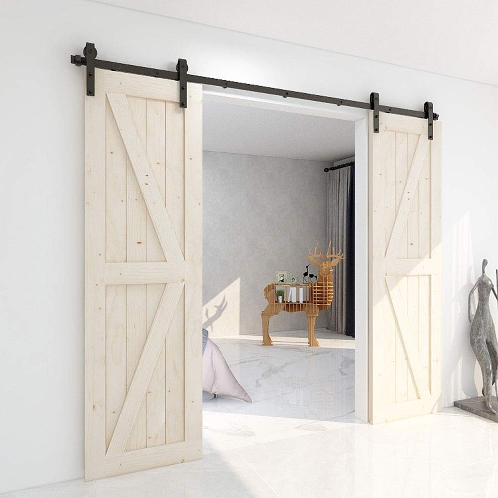 TSMST 13FT Heavy Duty Sliding Barn Door Hardware Kit - J Shape Track for Double Wood Doors - Smooth Quiet Operation & Easy Installation - Perfect for Farmhouse, Loft, and Modern Interior Design