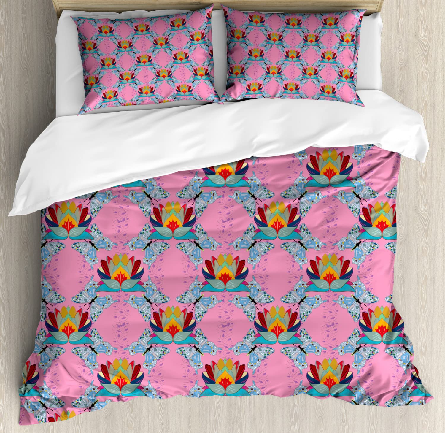 Ambesonne Lotus Duvet Cover Set - Oriental Prosperity Flower Design with Butterfly & Lotus Sketch, 2-Piece King Size Bedding Set (2 Duvet Covers + 4 Pillowcases), Multicolor | Perfect for Master Bedroom, Guest Room & Bohemian Home Decor