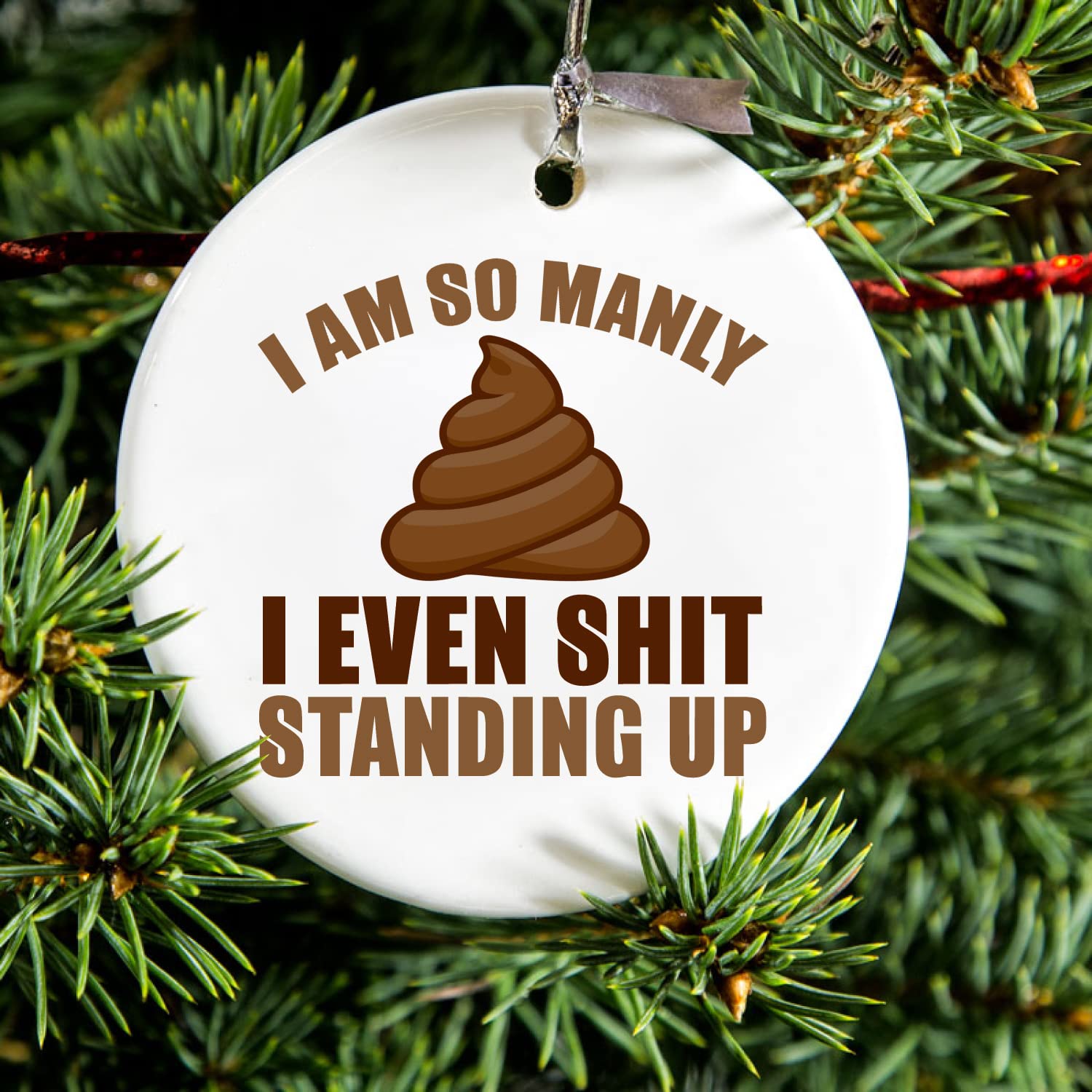 DistinctInk Hanging Ceramic Christmas Tree Ornament with Gold String - 2.75 Inch Round Holiday Decoration - Perfect Gift for Men, Funny Bathroom Humor Decor - Ideal for Christmas Trees, Office White Elephant Gifts & Man Cave Decorations