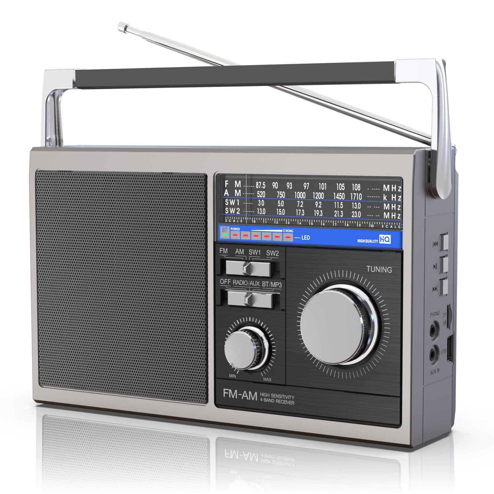 Portable AM FM Shortwave Radio with Bluetooth Speaker - Best Reception, Battery or AC Powered, Earphone Jack, USB/TF/AUX Input - Perfect for Seniors, Travel, Emergency & Outdoor Use (Gray)