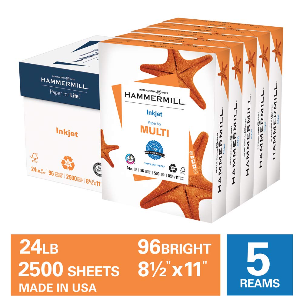 Hammermill Premium 24 lb Multipurpose Printer Paper - 8.5 x 11 Inches, 5 Reams (2,500 Sheets) - 96 Bright White, Acid-Free, Made in USA - Ideal for Inkjet Printing, Office Documents & School Projects
