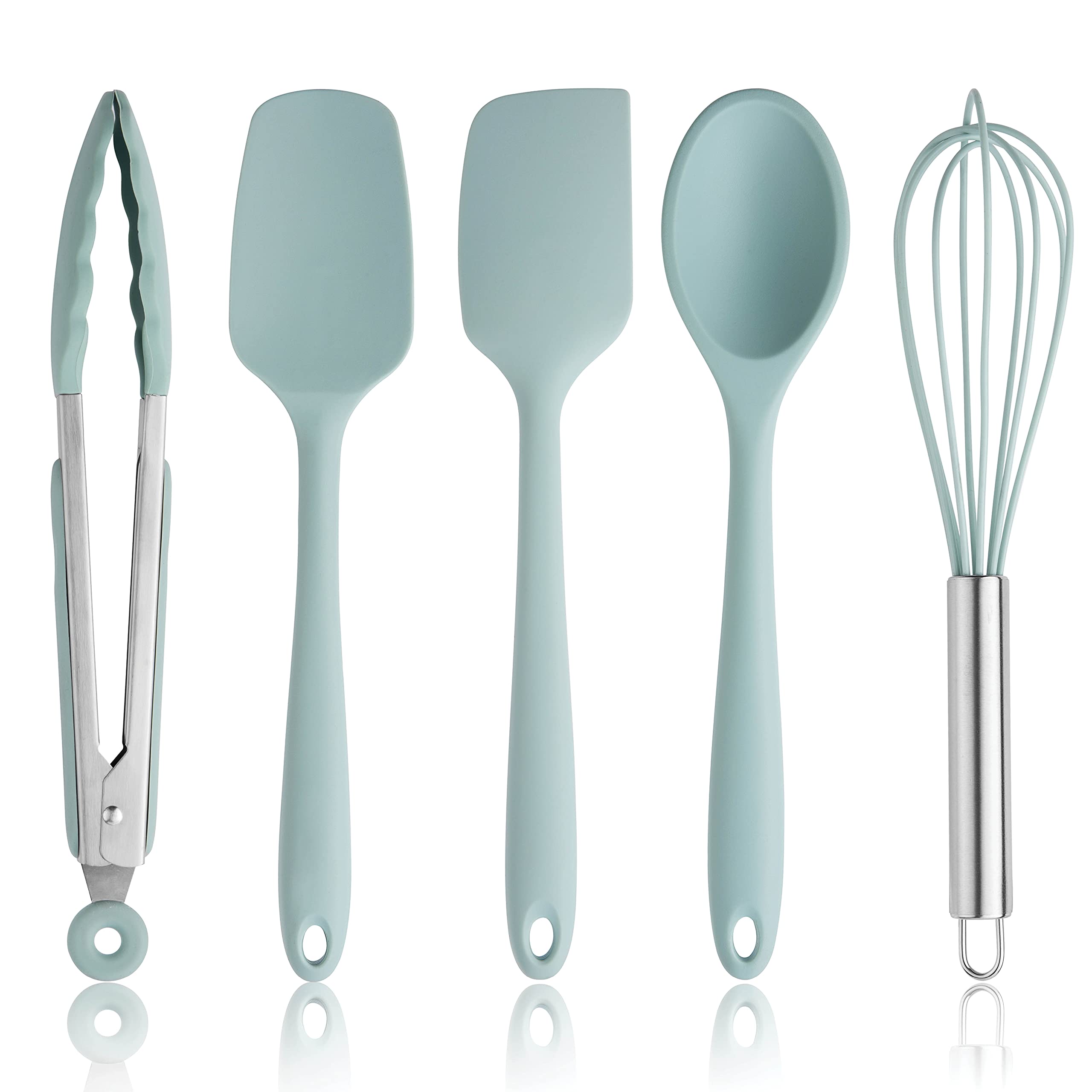 Vibrant 5-Piece Silicone Cooking Utensil Set - Non-Scratch Kitchen Tools for Nonstick Cookware with Stainless Steel Handles (Mint Green) - Perfect for Baking, Frying & Everyday Cooking - Easy to Clean & Heat Resistant Kitchen Gadgets