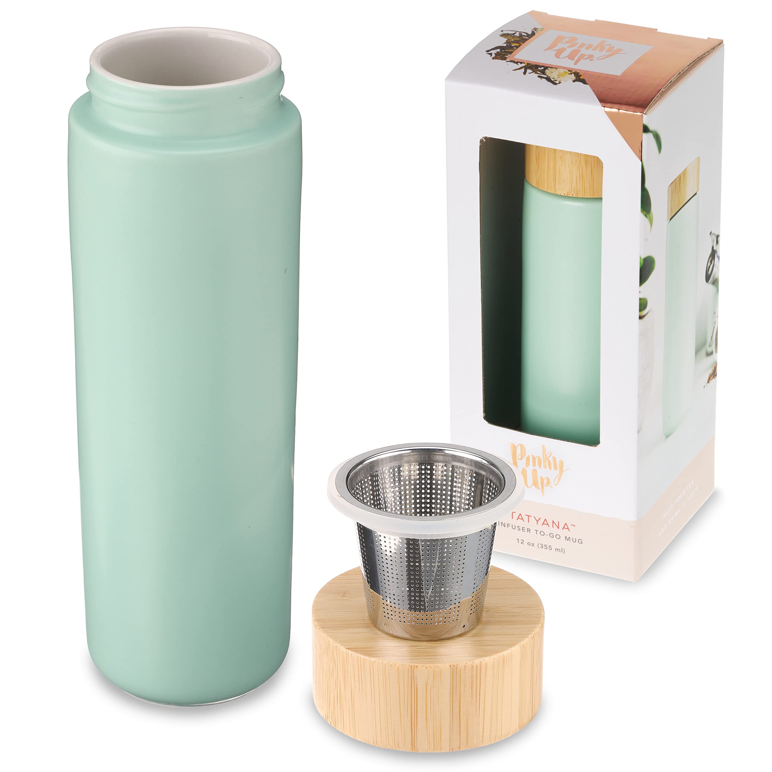 Pinky Up Tatyana Ceramic Tea Infuser Mug with Stainless Steel Filter & Bamboo Lid - 12oz Turquoise Tea Cup - Perfect for Loose Leaf Tea, Herbal Tea & Office/Home Use