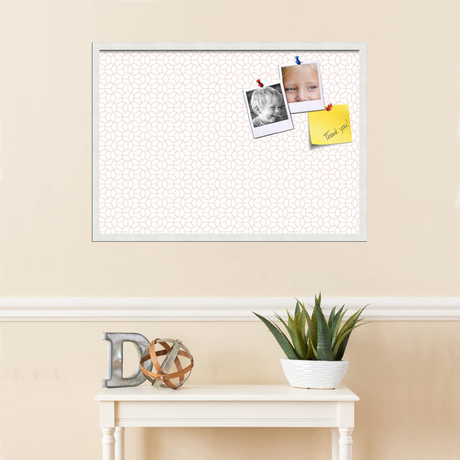 PinPix 34x24 Inch Cork Bulletin Board with Hex Grapefruit Design & White Frame - Stylish Wall Memo Board for Home Office Decor, School Classroom, Dorm Room Organization - Perfect for Notes, Photos, Reminders & Inspirational Displays (PinPix-1636)