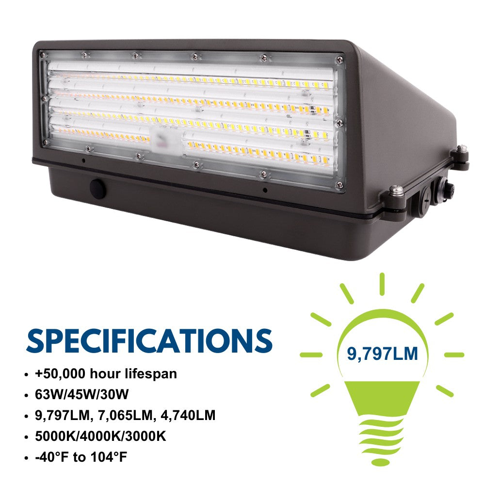 90W/63W/45W Selectable Full Cutoff LED Wall Pack Light - 14,900 Lumens, 3 CCT Options, 120-277V, 320W Equivalent - Perfect for Warehouse, Parking Lot & Building Exterior Lighting