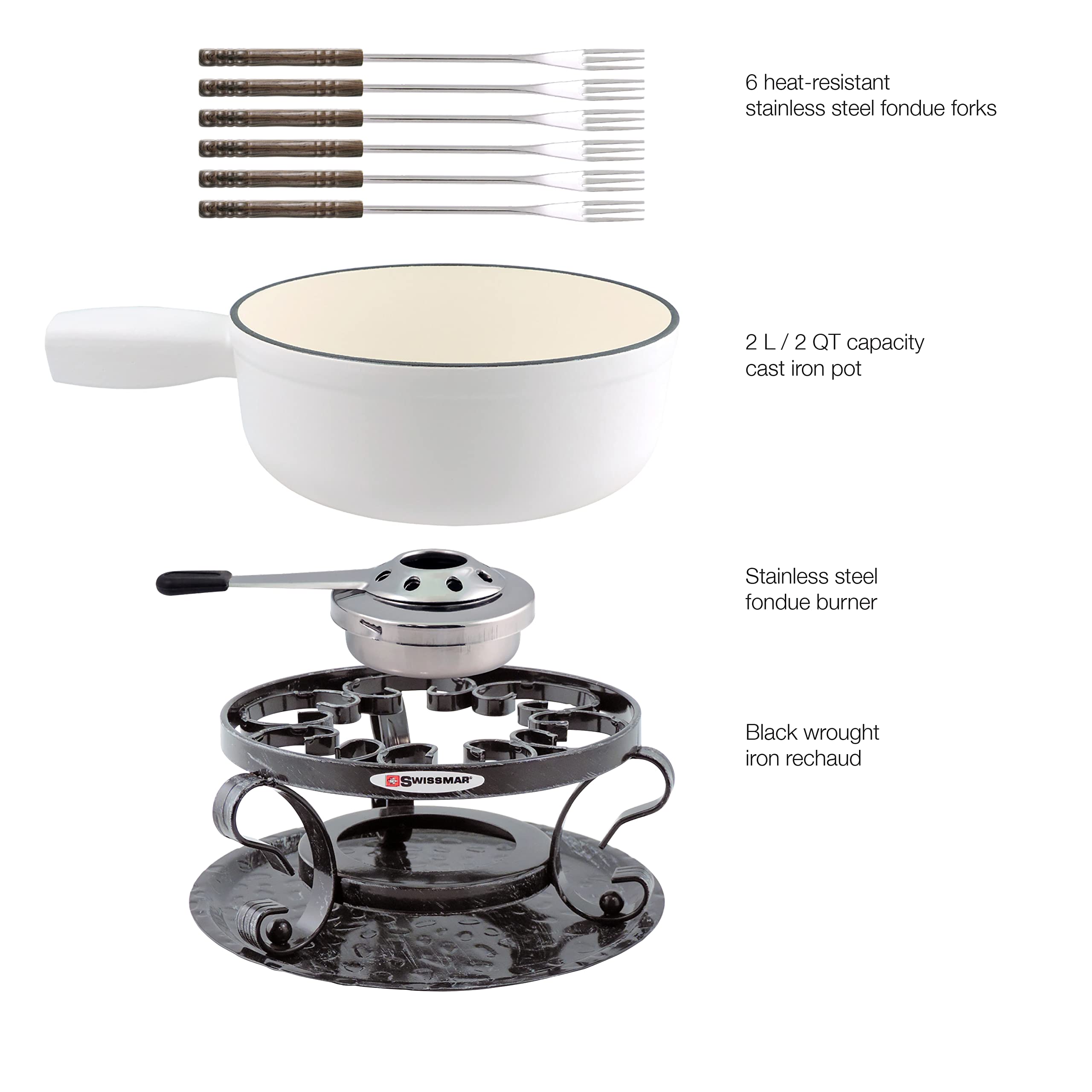 Swissmar Lugano 9-Piece Cast Iron Fondue Set - Matte White | Premium Cheese & Chocolate Fondue Pot for Parties, Romantic Dinners & Family Gatherings