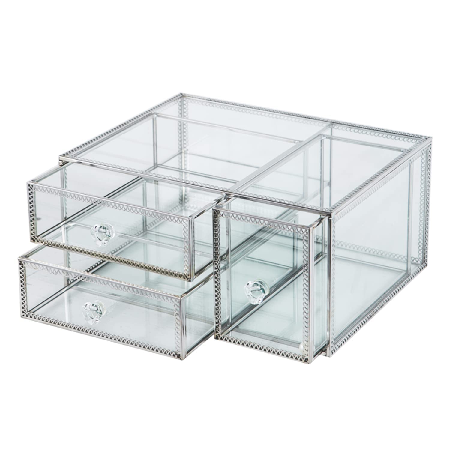 Vintage Glass Jewelry Box with Drawers - Elegant Makeup Organizer & Cosmetic Storage for Bracelets, Necklaces, Rings | Perfect for Vanity Table, Dresser, Gift Box & Keepsake Storage