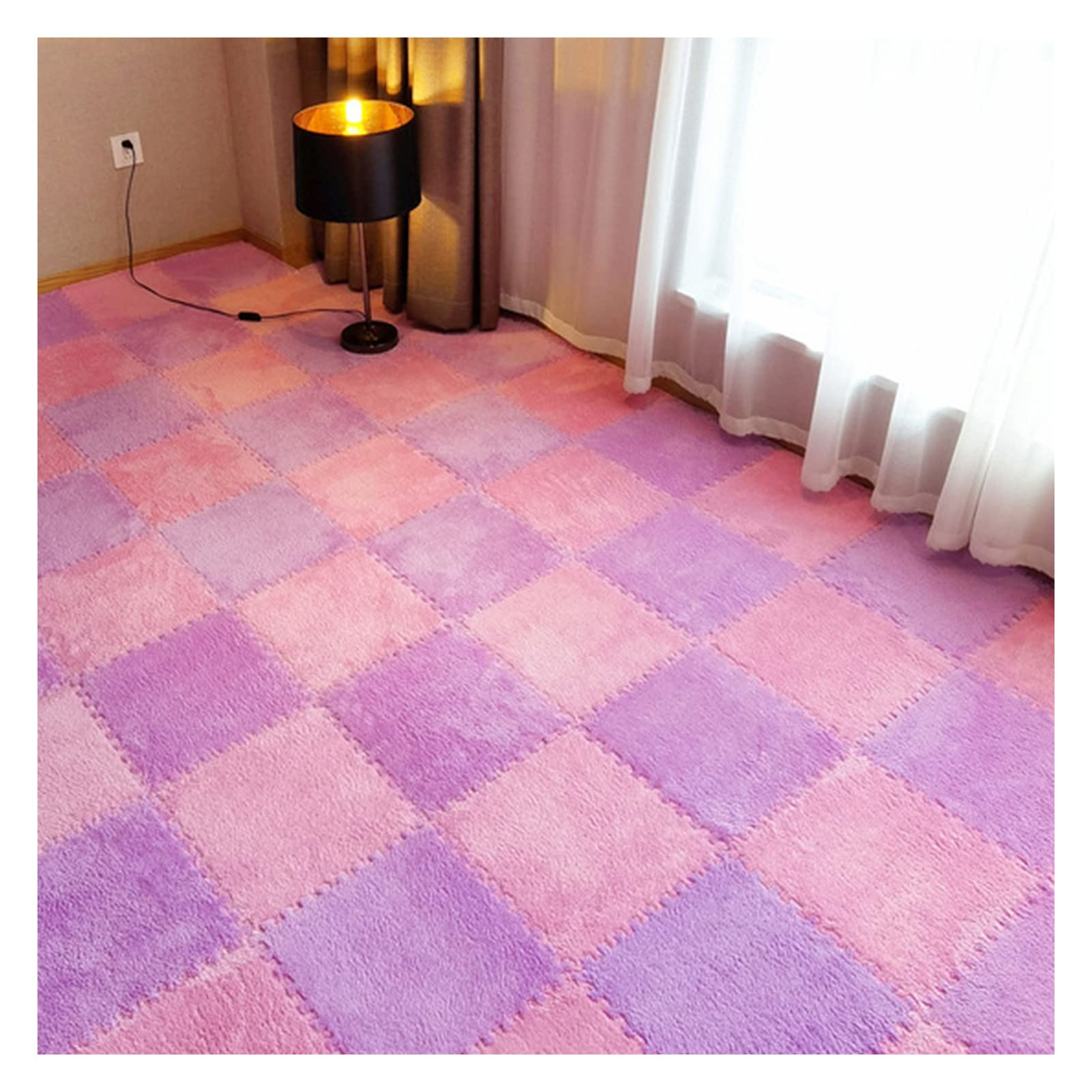 36 Pcs Soft Plush Puzzle Foam Floor Mat - 12x12 Inch Interlocking Carpet Tiles with Border for Baby Crawling, Playroom & Nursery - Non-Slip Shaggy Area Rug in Pink & Purple for Kids Room Flooring