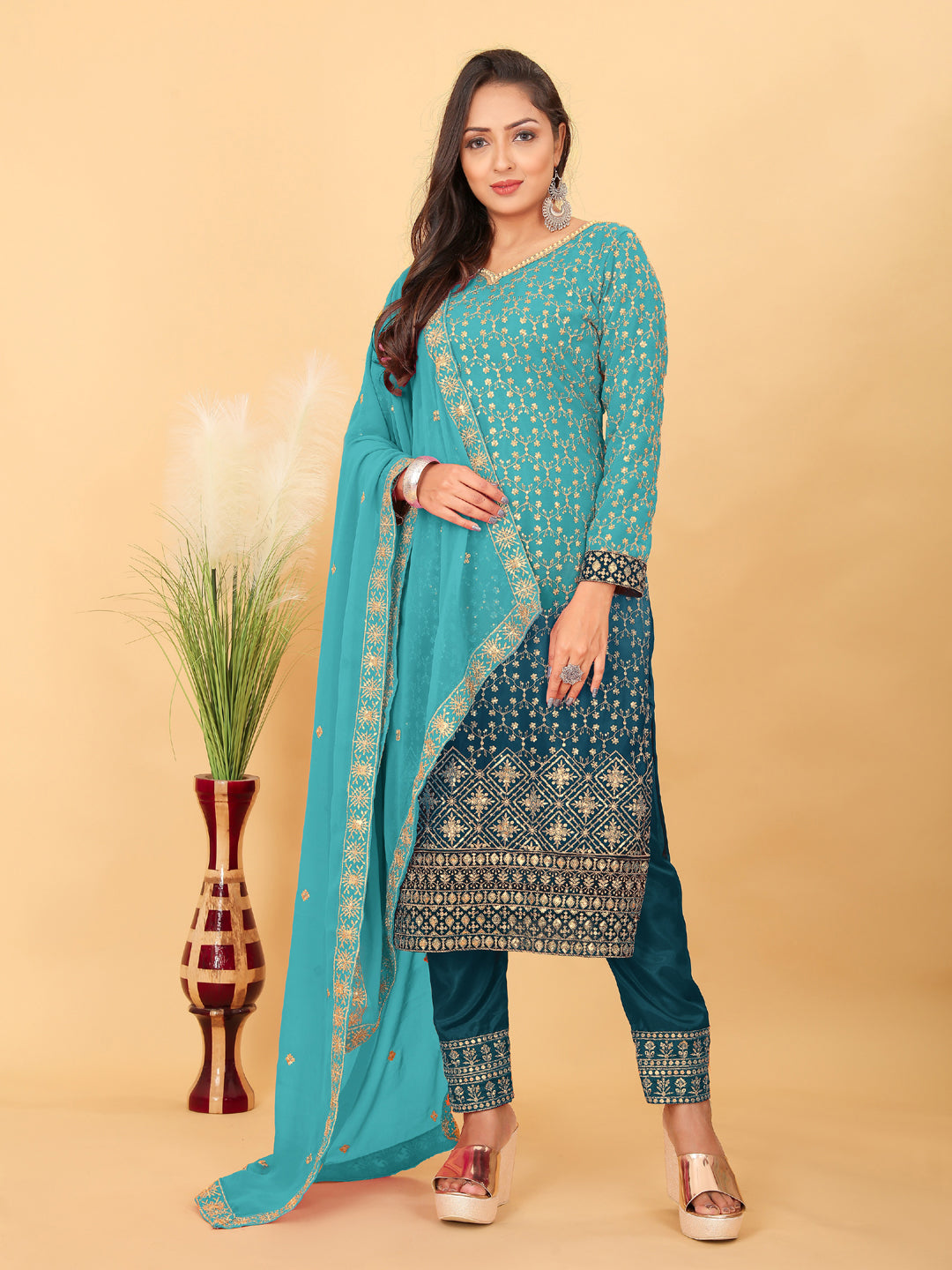 Elegant Blue Faux Georgette Pant Suit with Heavy Jari Sequence Embroidery - Designer Ready-to-Wear Outfit for Women | Perfect for Weddings, Parties, and Special Occasions