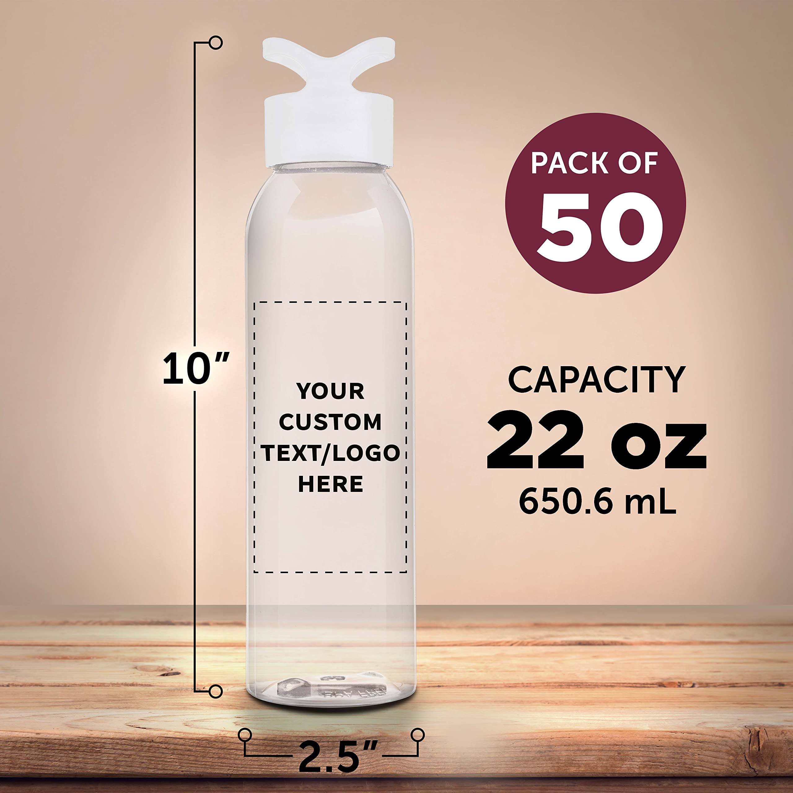 Custom 22oz Tritan Plastic Water Bottles - Personalized with Text/Logo - 50 Pack Bulk Reusable Sports Bottles for Gym, Office & Outdoor Activities - BPA-Free White Water Bottles Wholesale