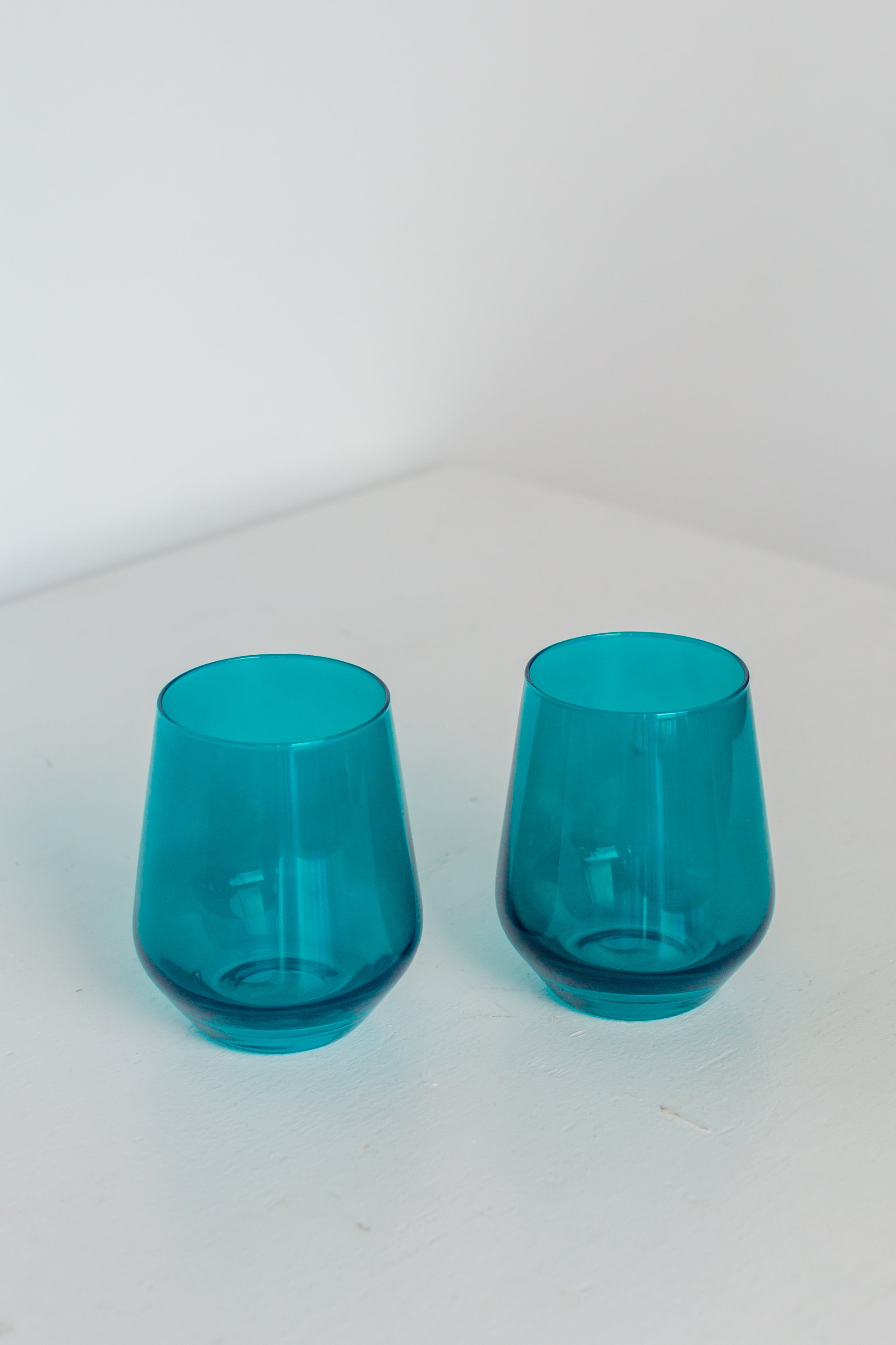 Estelle Stemless Wine Glasses Set of 2 - Teal Colored Unbreakable Crystal Glassware for Red & White Wine - Perfect for Dinner Parties, Wedding Gifts & Home Bar Accessories