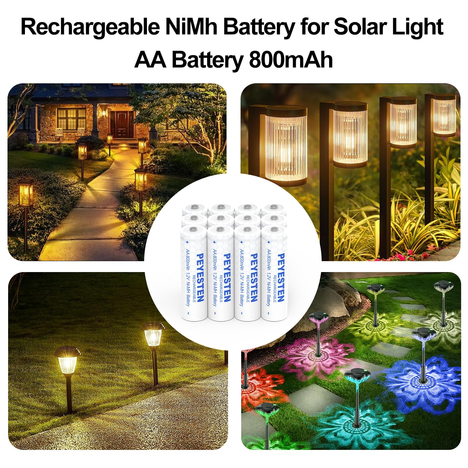 PEYESTEN AA Rechargeable Batteries 800mAh 1.2V Ni-MH - 12 Pack Pre-Charged Double A Batteries for Solar Lights, Garden Lights, Outdoor Decor - Perfect for Emergency Kits, Flashlights & Wireless Devices