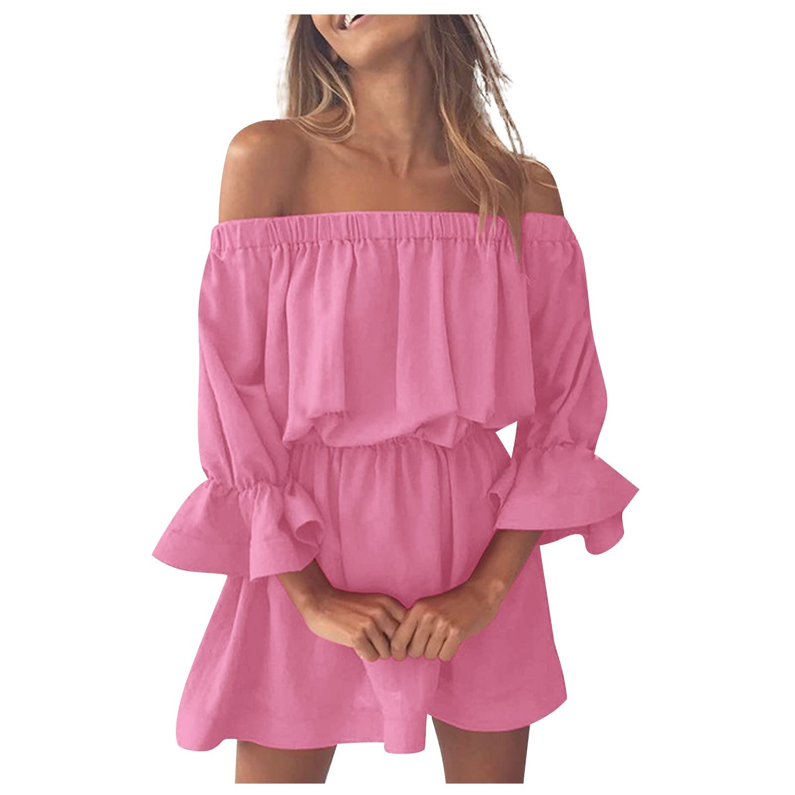 2022 Women's Summer Dresses - Off Shoulder Flared Sleeve Solid Color Casual Shift Dress for Beach, Vacation & Outdoor Parties